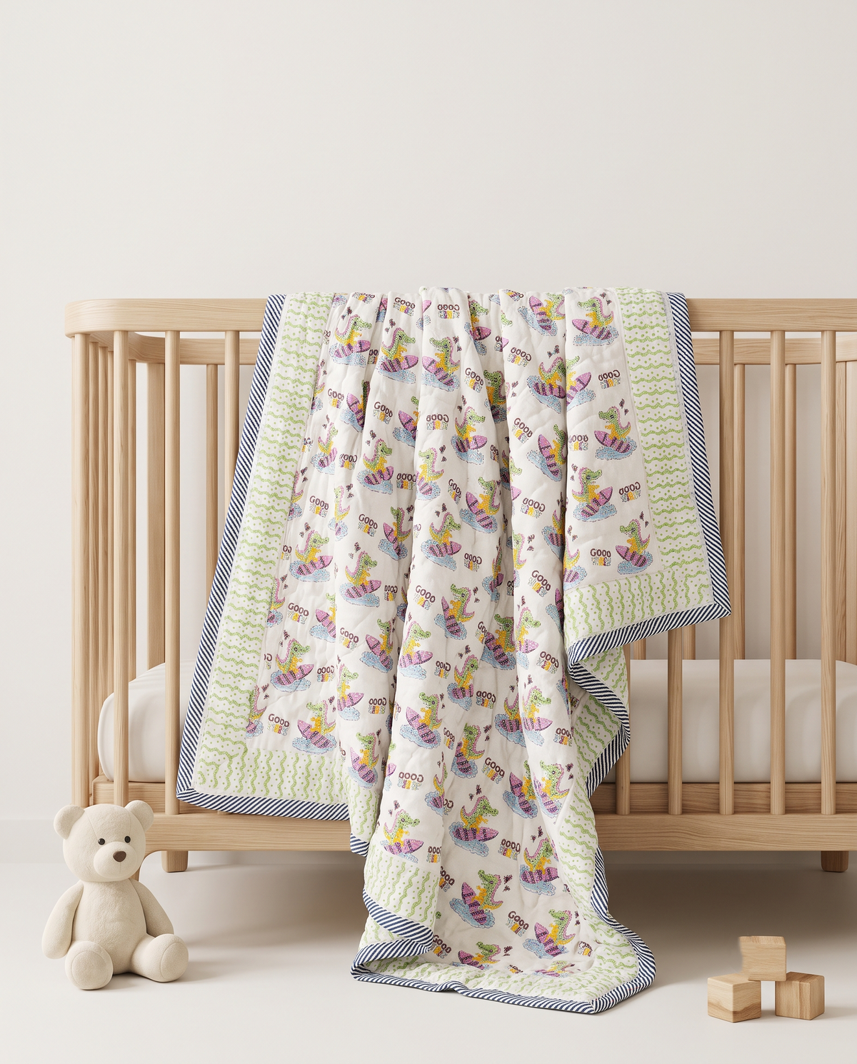 DINO GOOD VIBES HAND BLOCK BABY REVERSIBLE QUILT