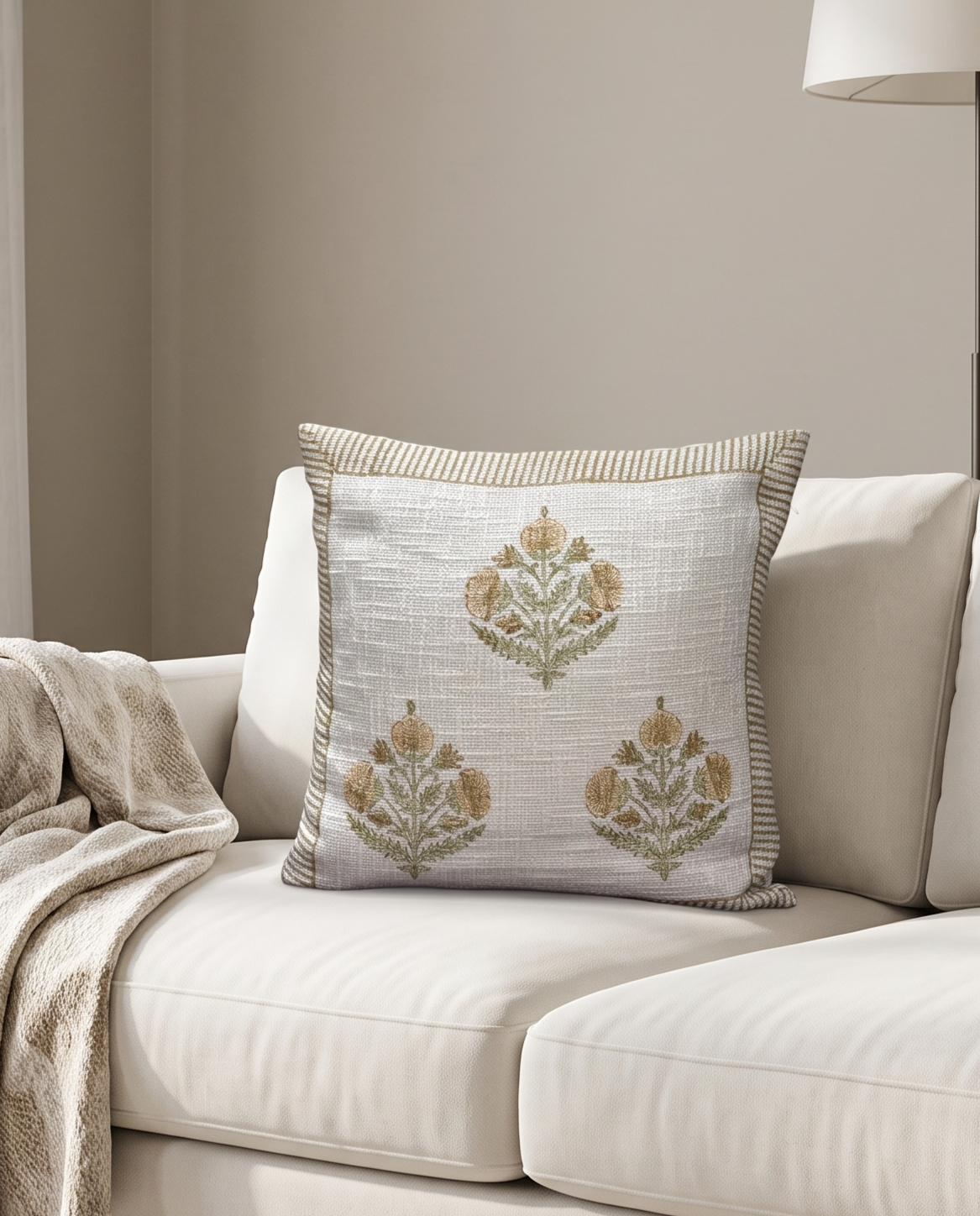 Gulmohar Meadow Handblock Jute Cushion Cover