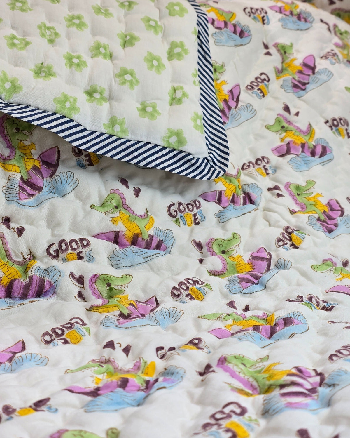 DINO GOOD VIBES HAND BLOCK BABY REVERSIBLE QUILT