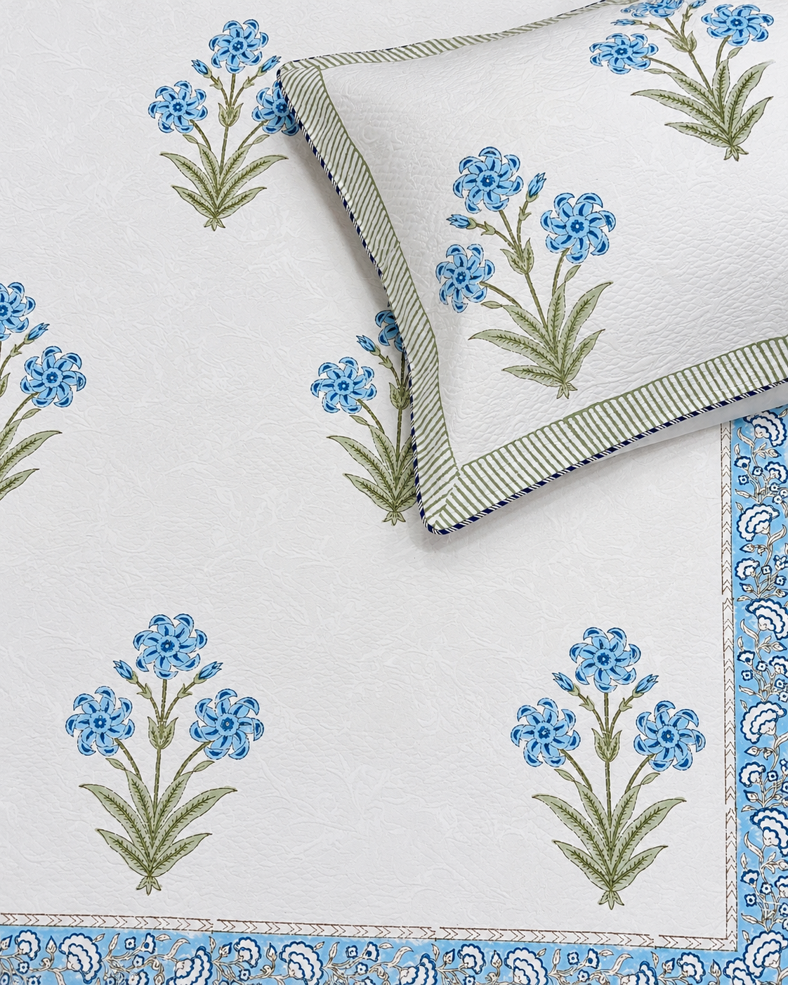 AZURE BLOOM HAND BLOCK JACQUARD BEDCOVER