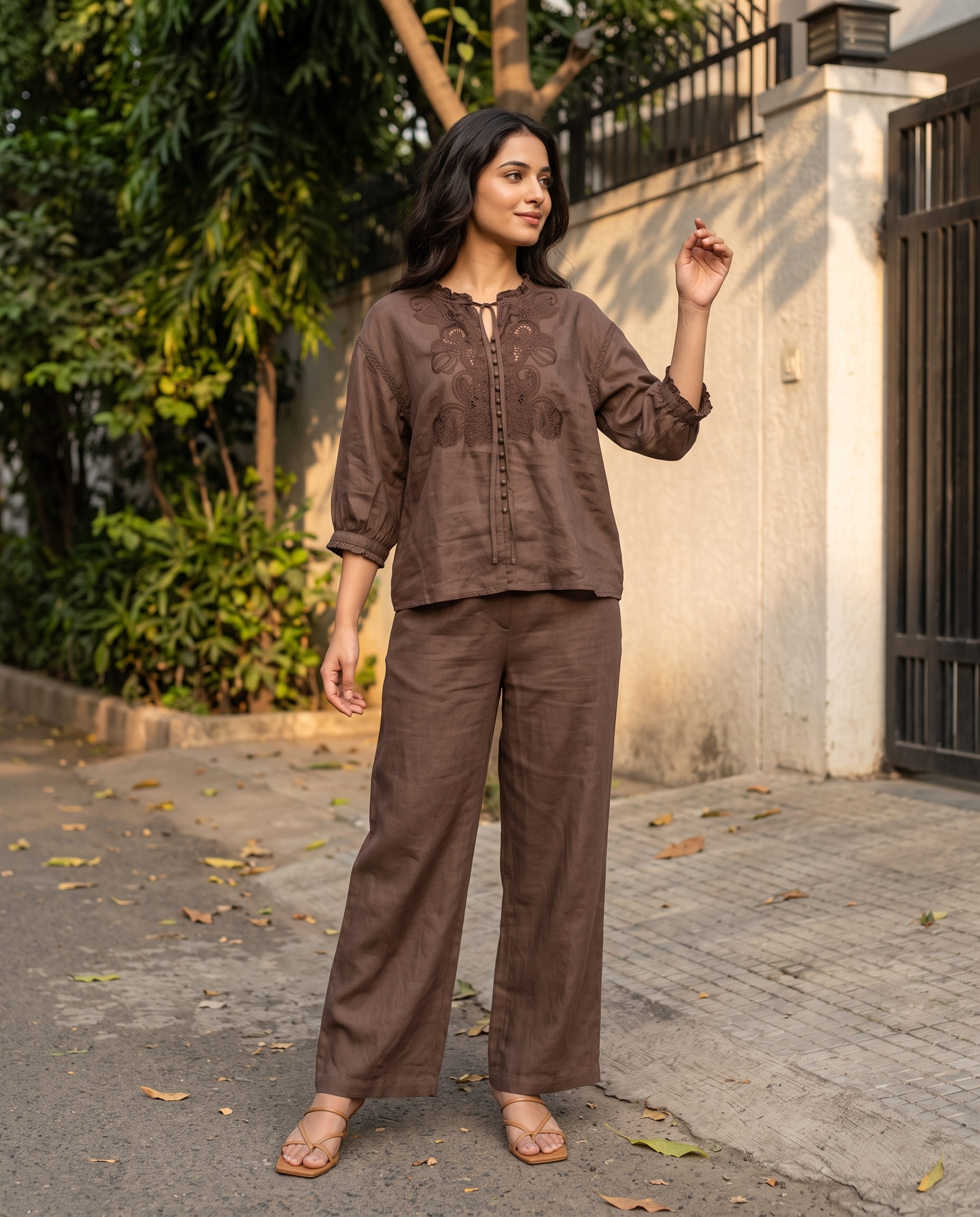 Mocha Bloom European Linen Top - Cocoa Brown