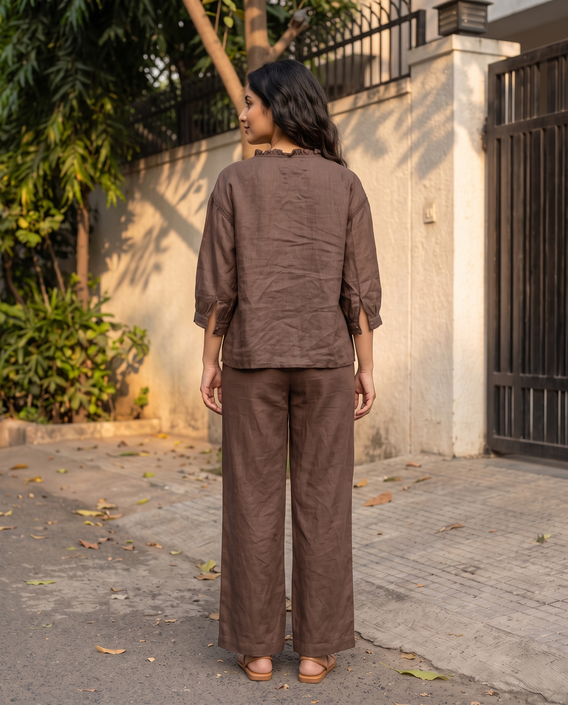 Mocha Bloom European Linen Top - Cocoa Brown