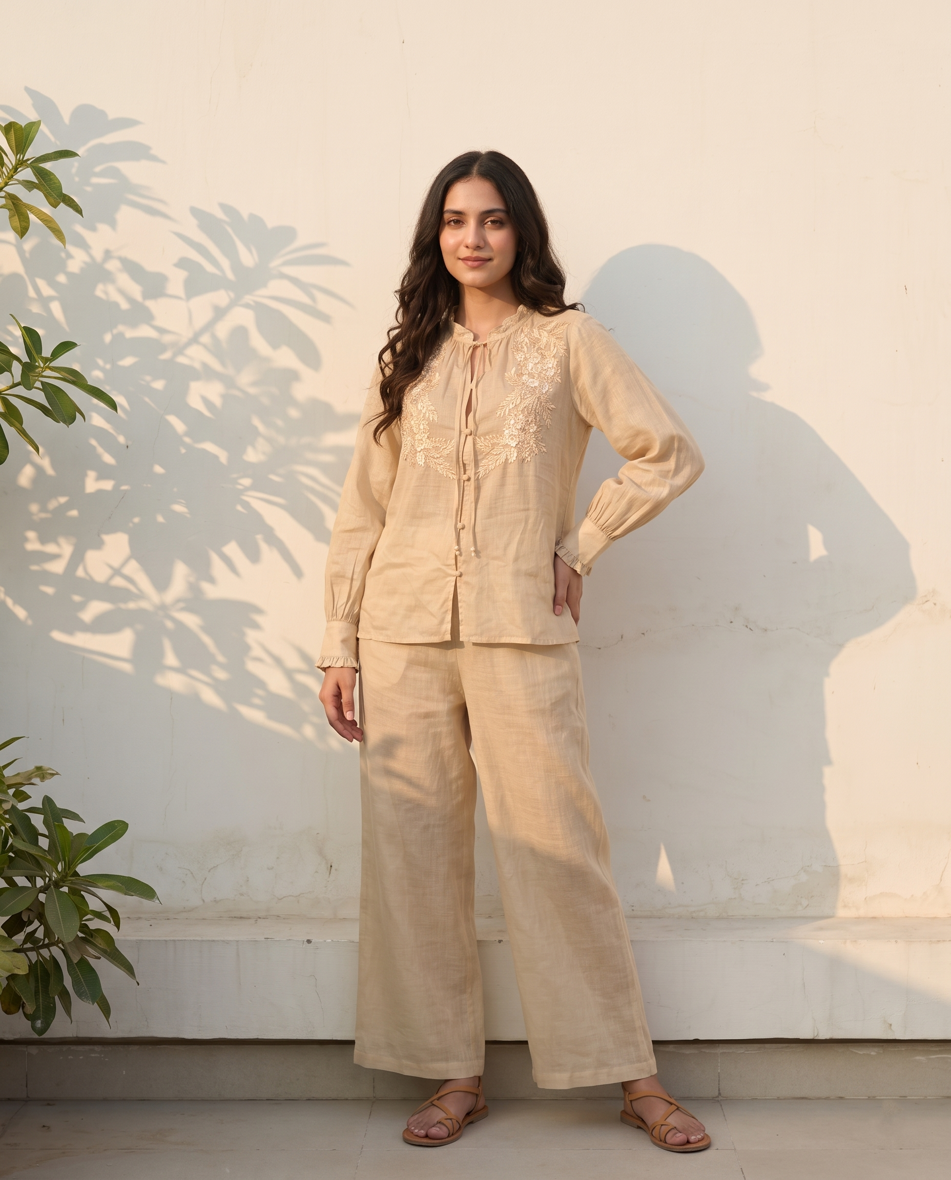 Floral Embroidered European Linen Top - Beige