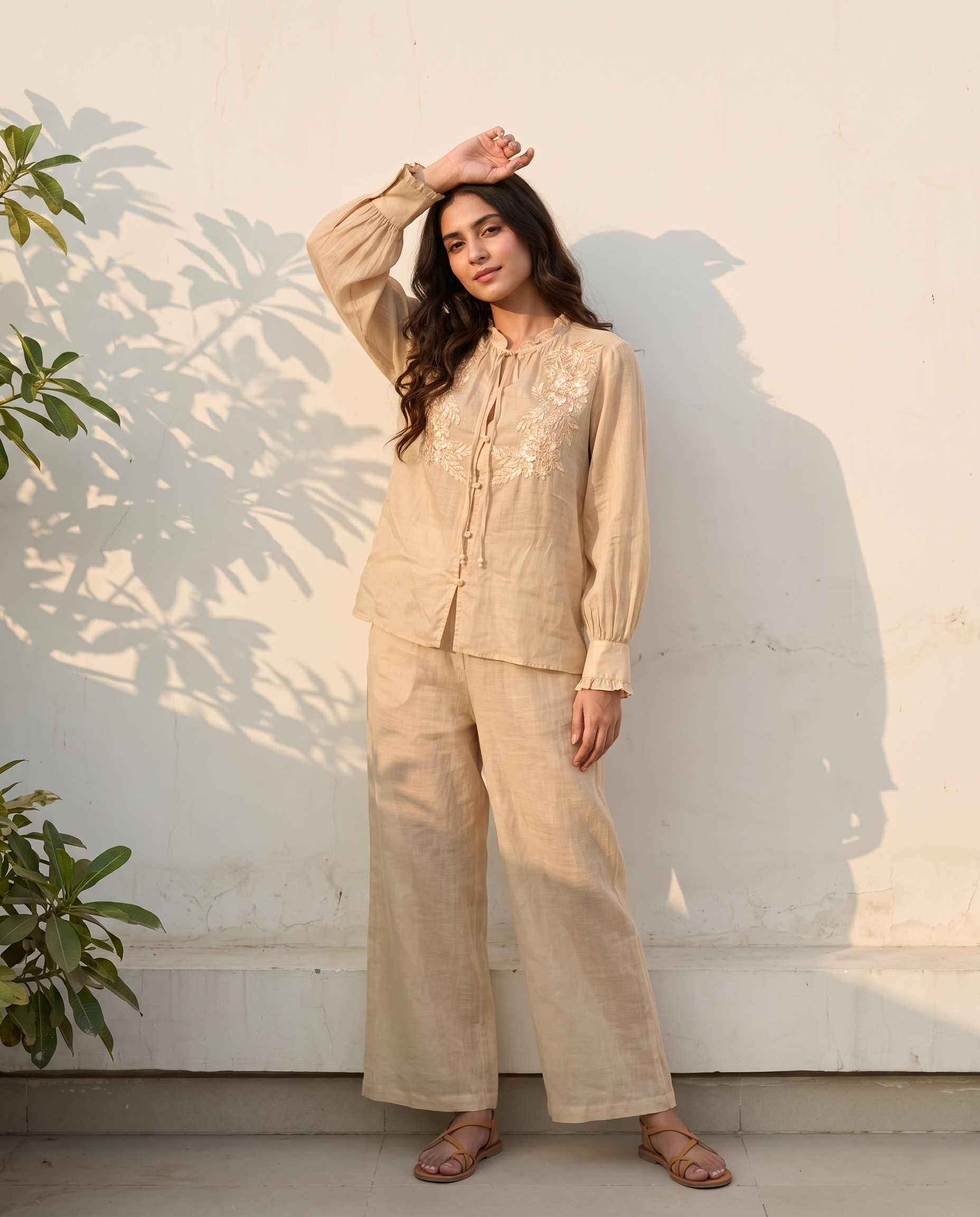 Floral Embroidered European Linen Top - Beige