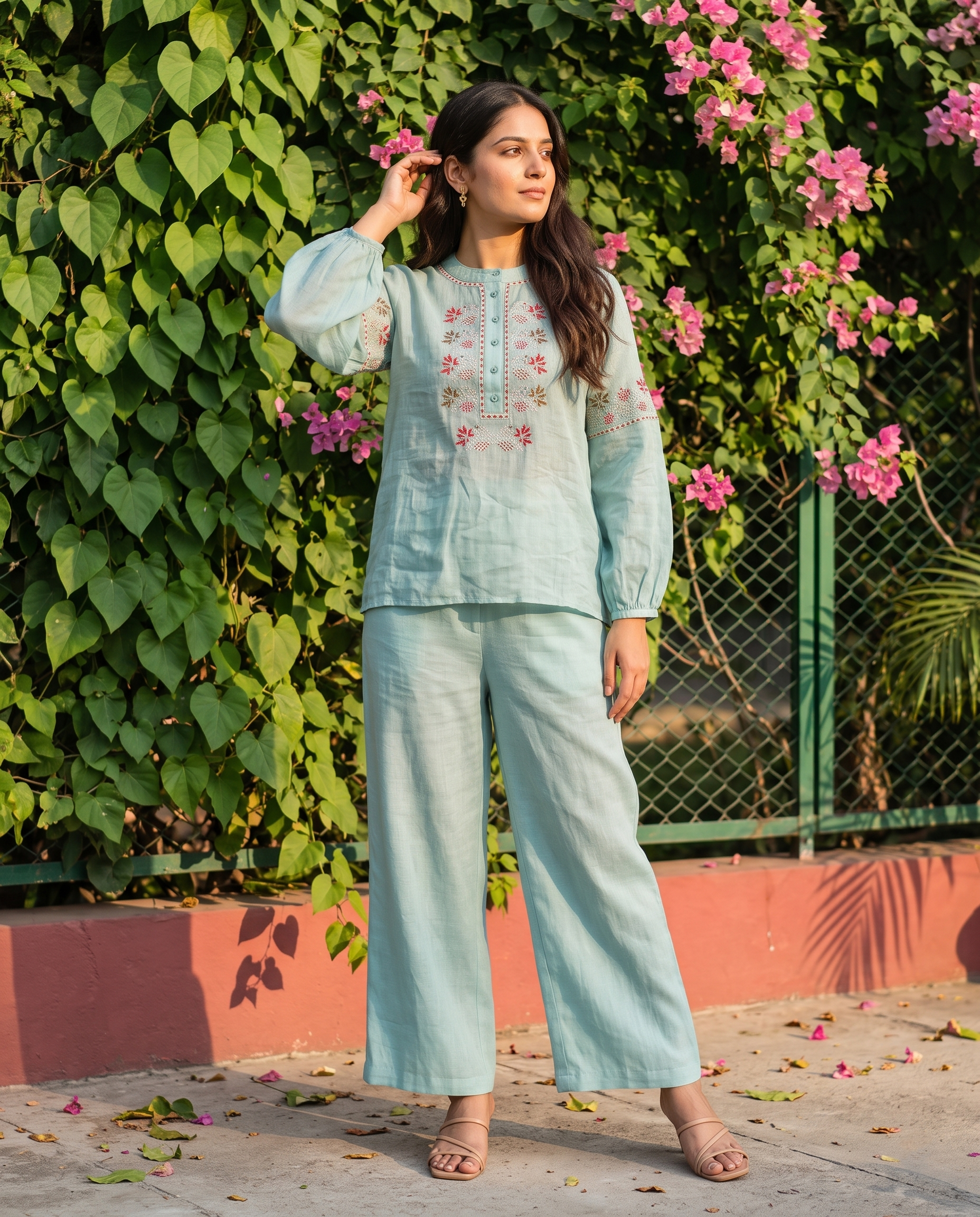 Floral Embroidered European Linen Top - Powder Blue