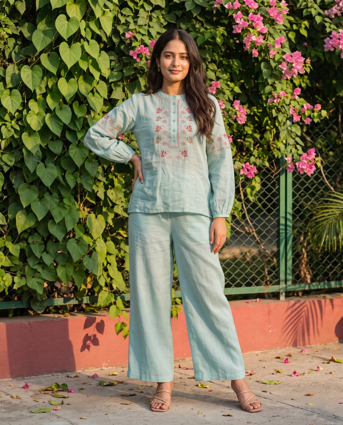 Floral Embroidered European Linen Top - Powder Blue