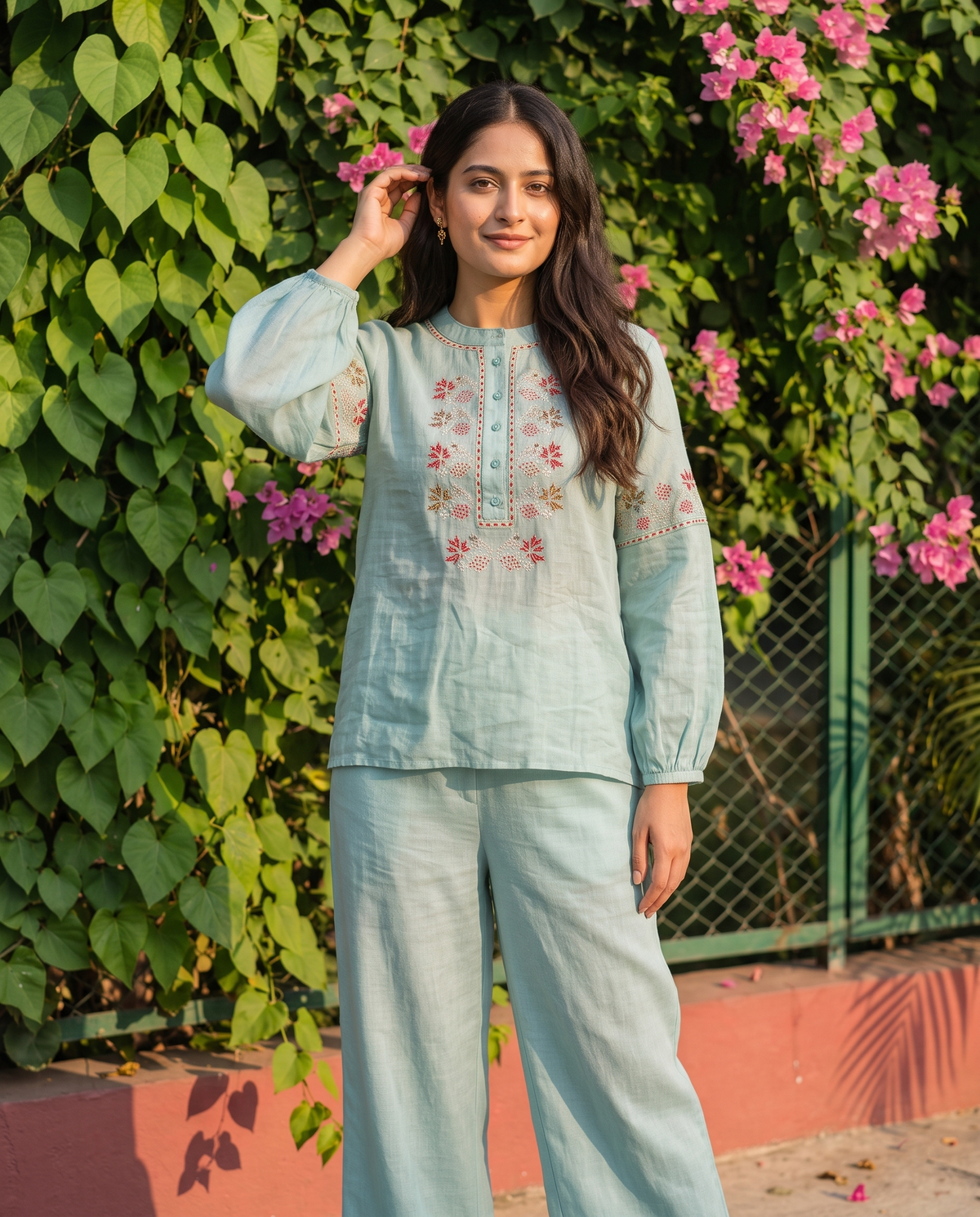 Floral Embroidered European Linen Top - Powder Blue
