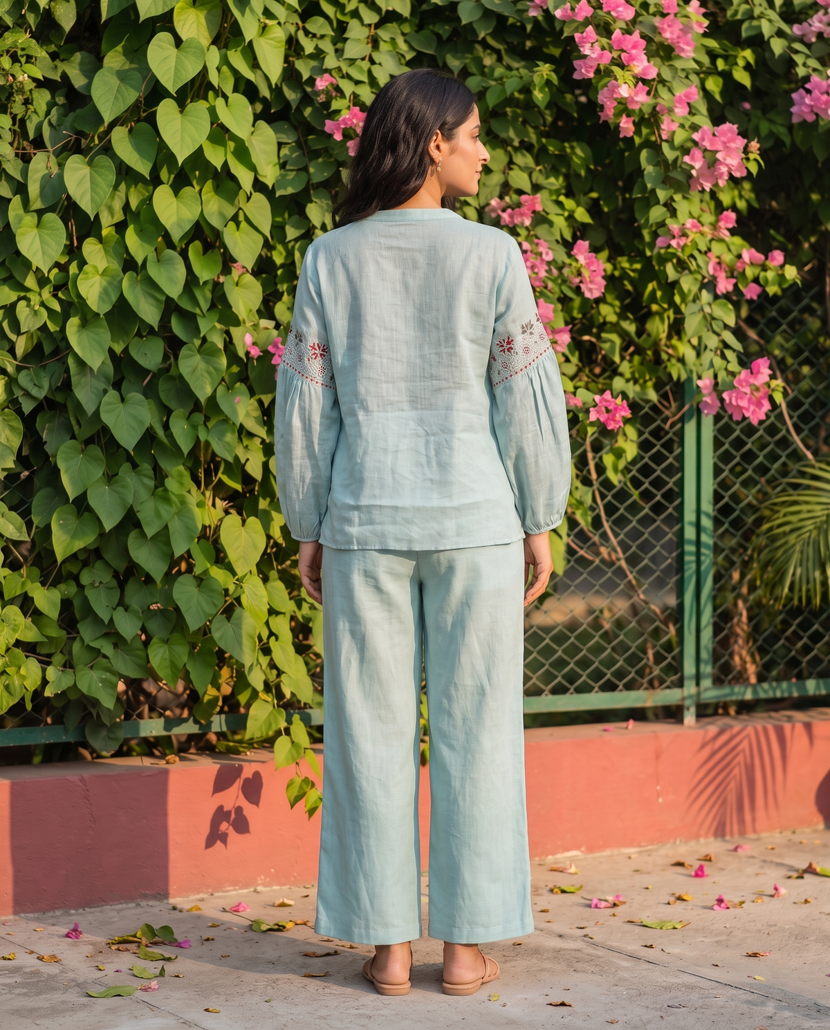 Floral Embroidered European Linen Top - Powder Blue