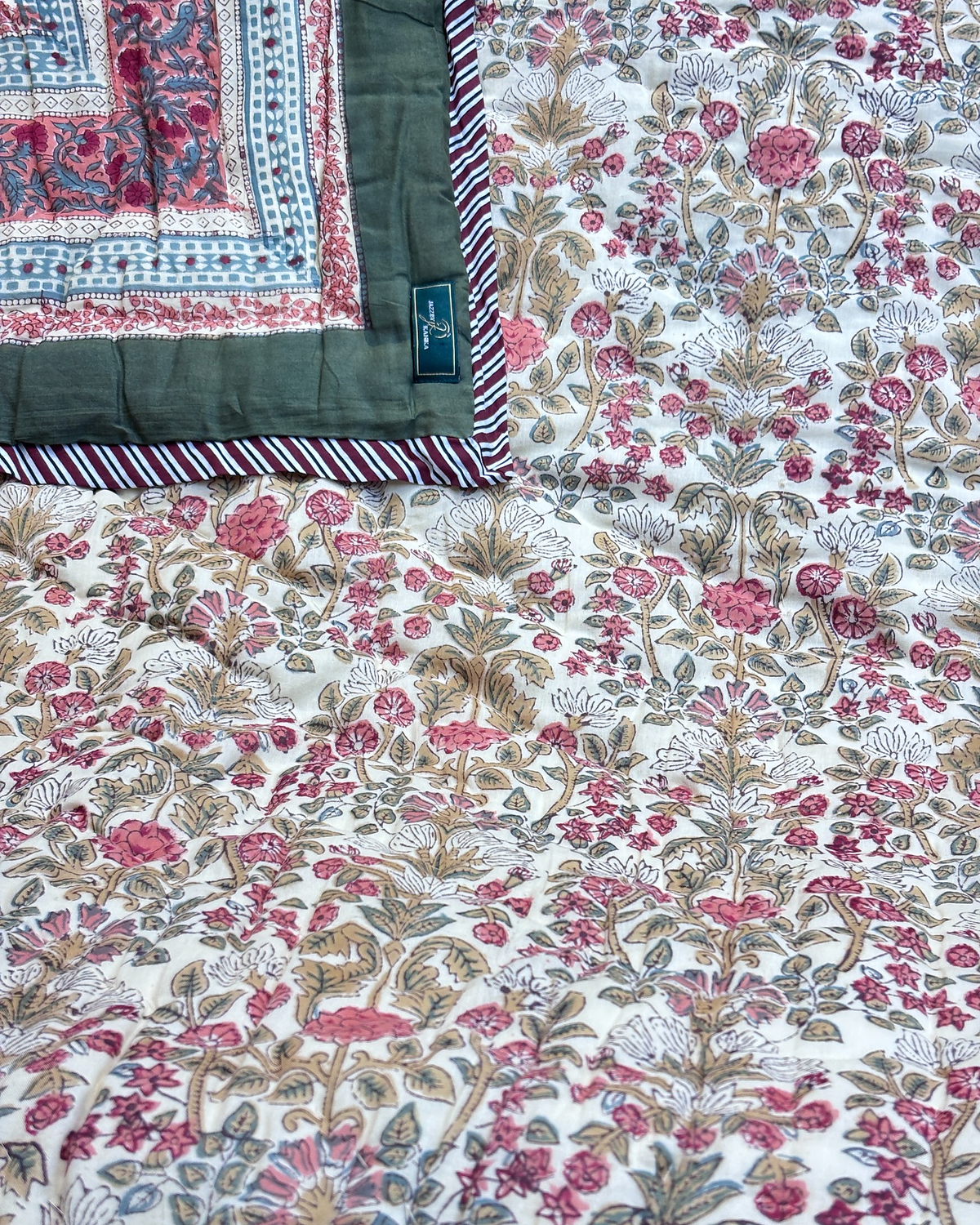 GULISTAAN SAGE GREEN FLORAL HAND BLOCK REVERSIBLE QUILT