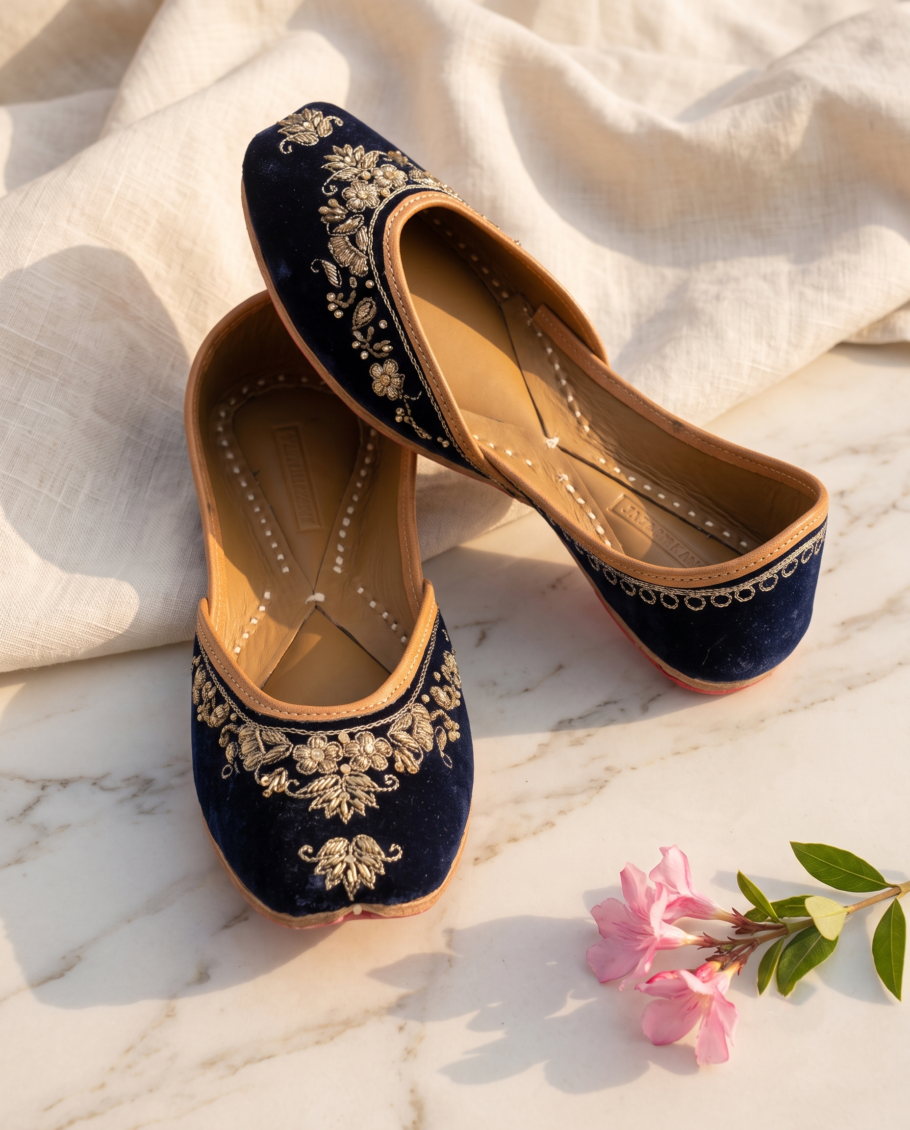 Navy Velvet Jaal Pure Leather Handcrafted Jutti