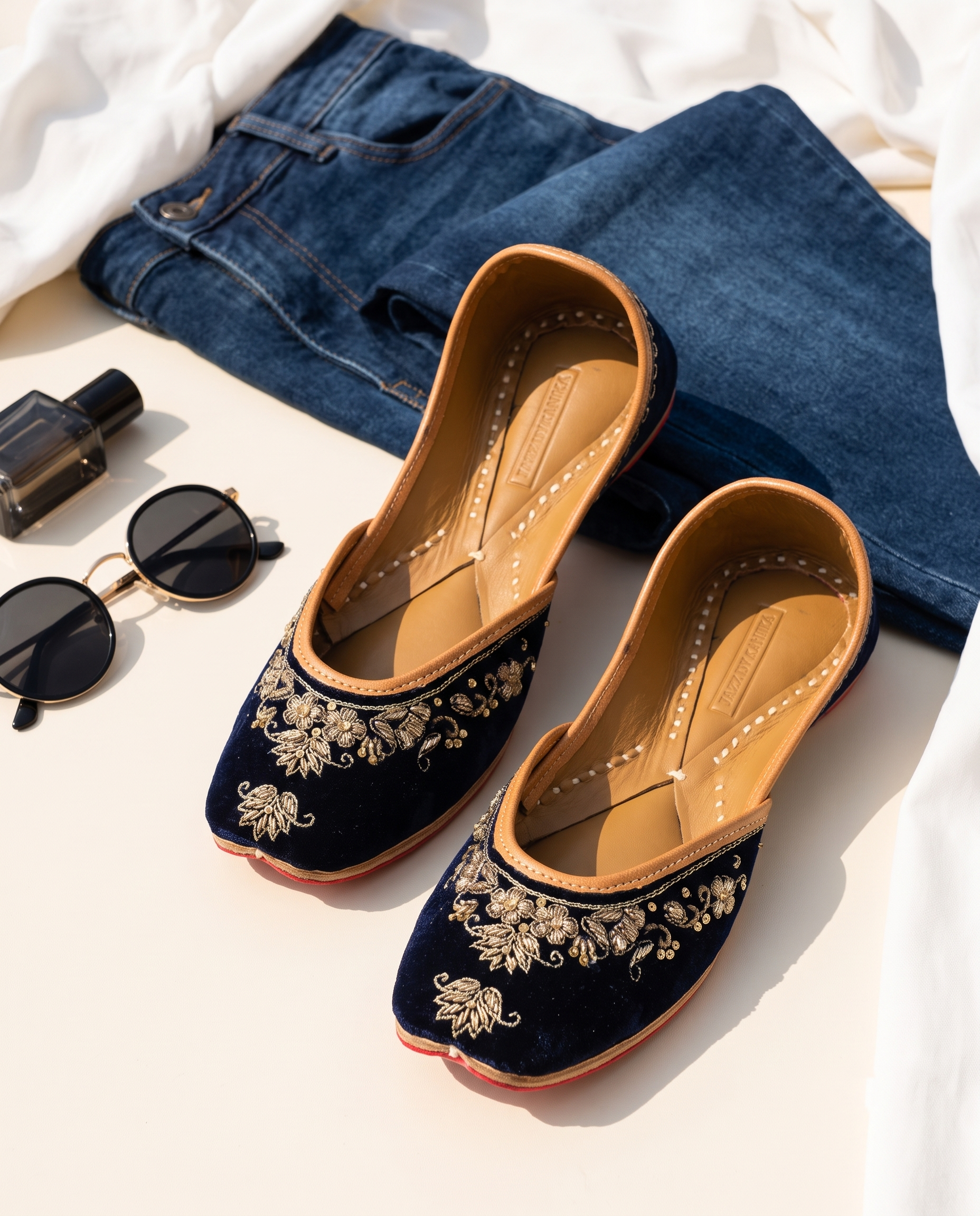 Navy Velvet Jaal Pure Leather Handcrafted Jutti