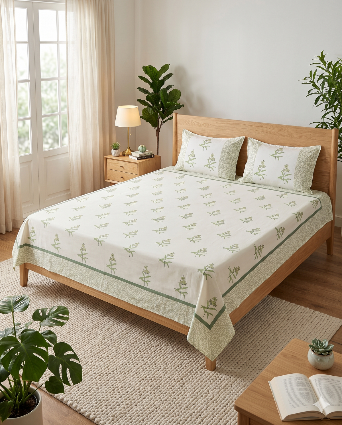 The Sage Green Botanical Sprig Premium Cotton Bedsheet