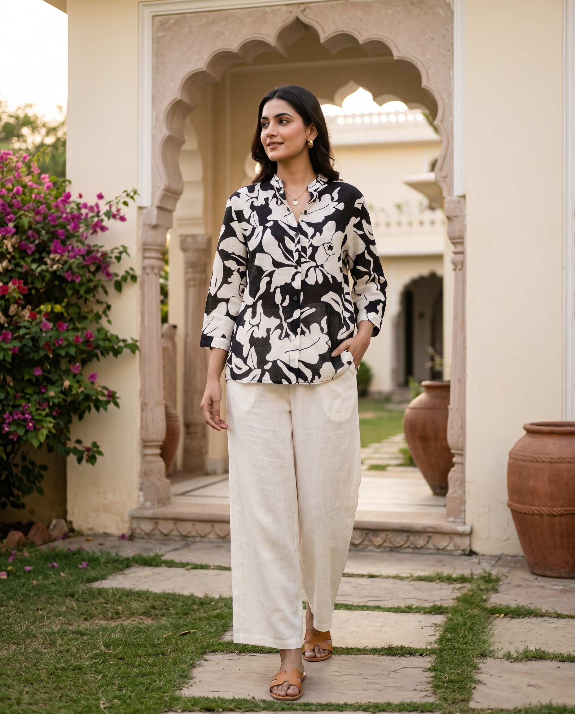 Bamboo Silk 150 GM Monochrome Floral Shirt
