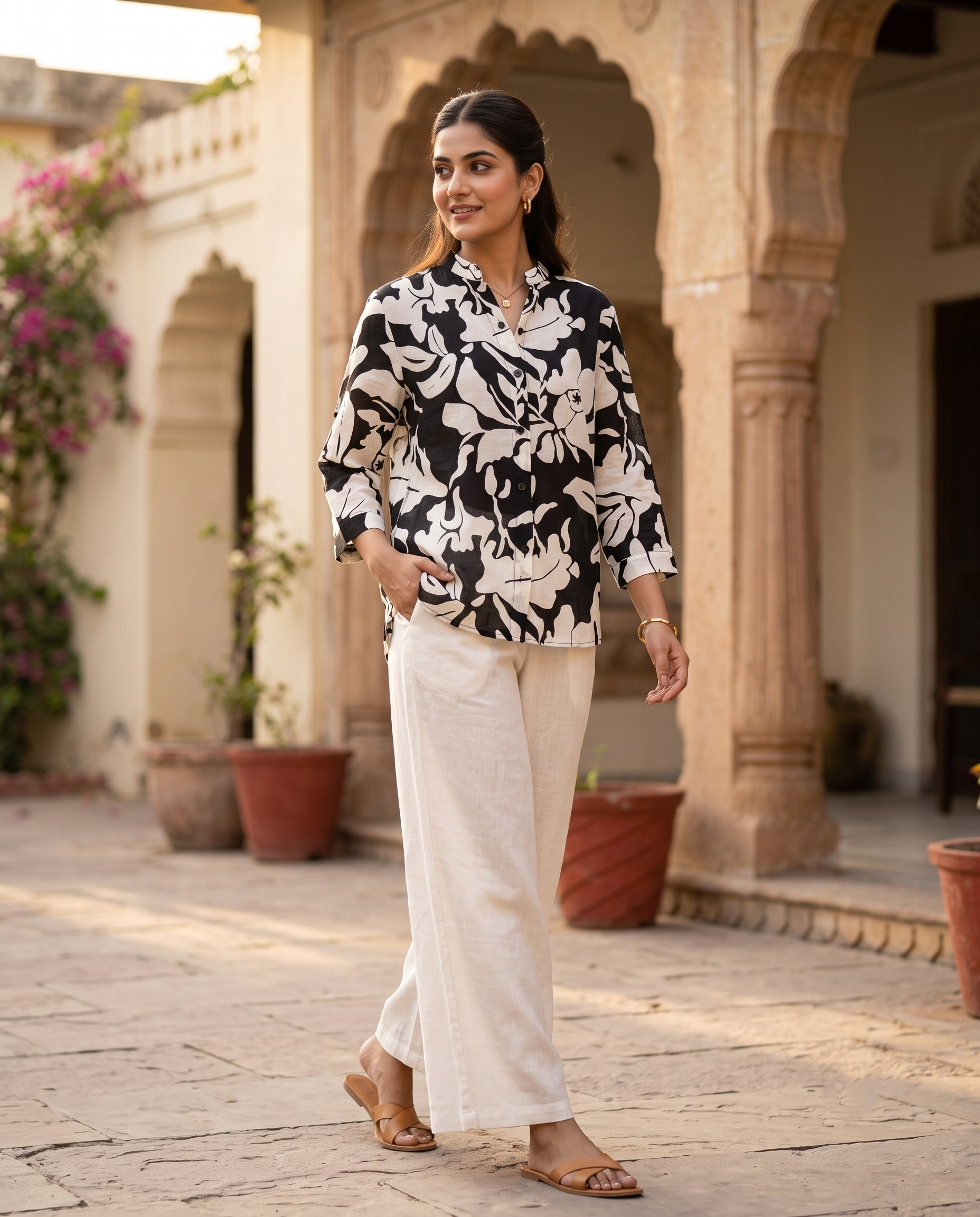 Bamboo Silk 150 GM Monochrome Floral Shirt