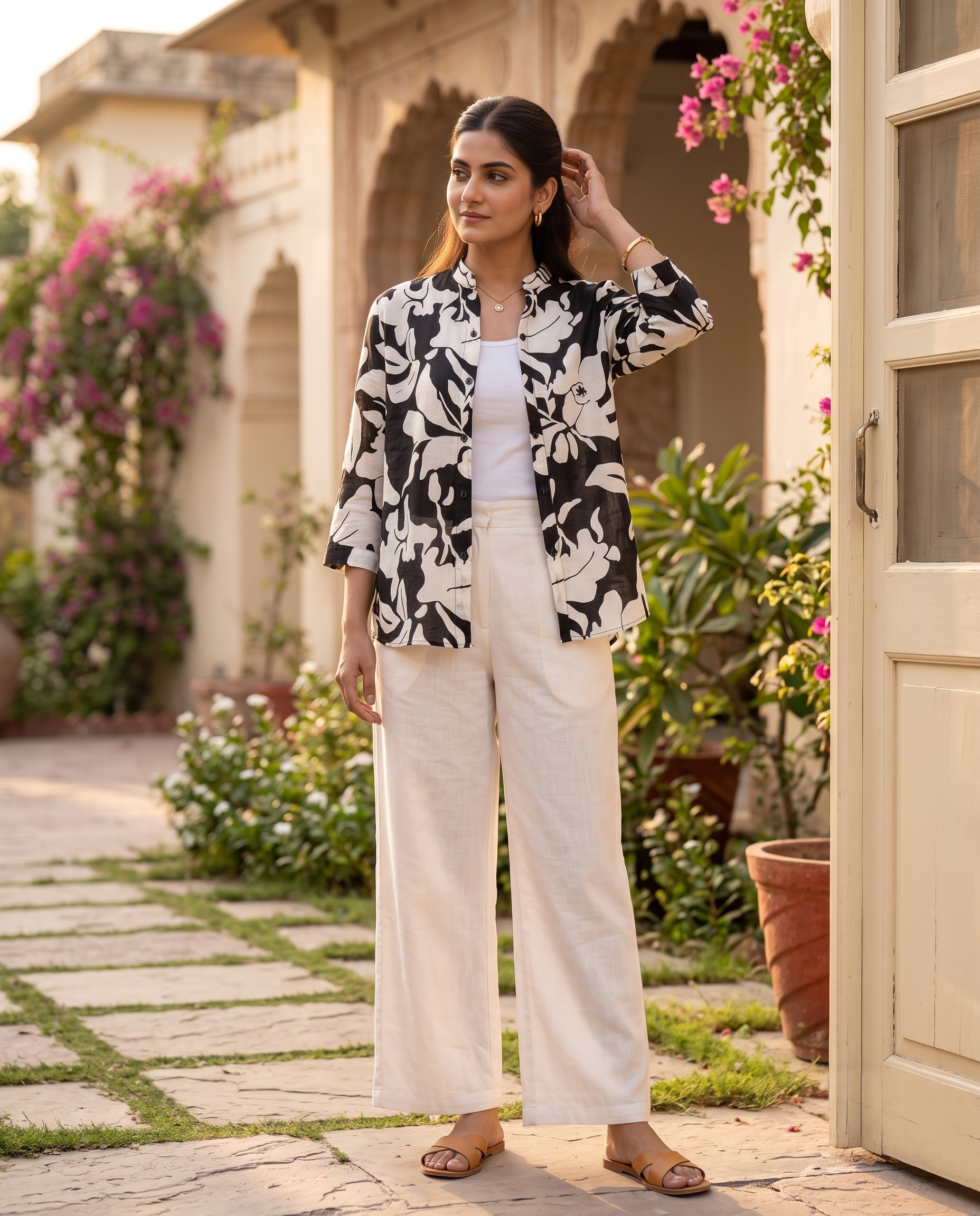 Bamboo Silk 150 GM Monochrome Floral Shirt