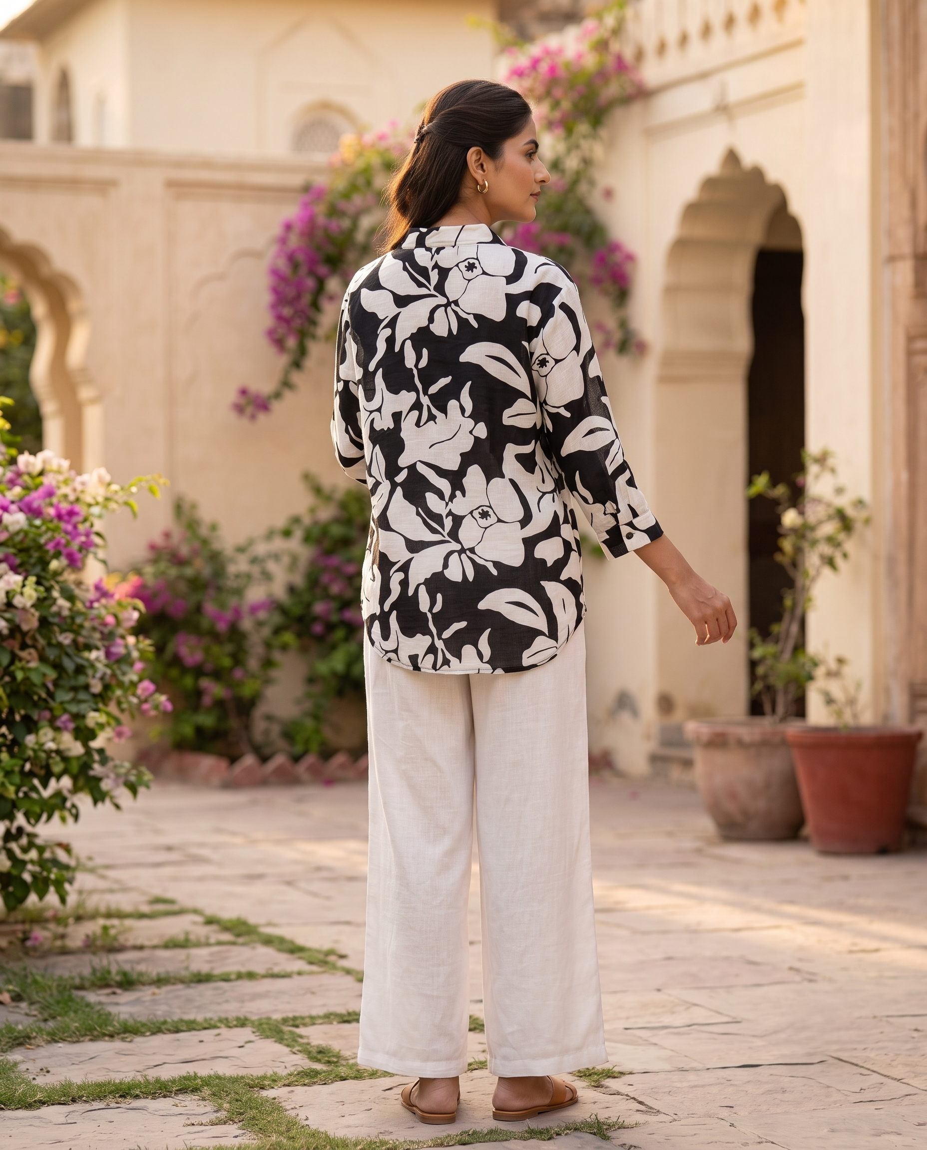 Bamboo Silk 150 GM Monochrome Floral Shirt