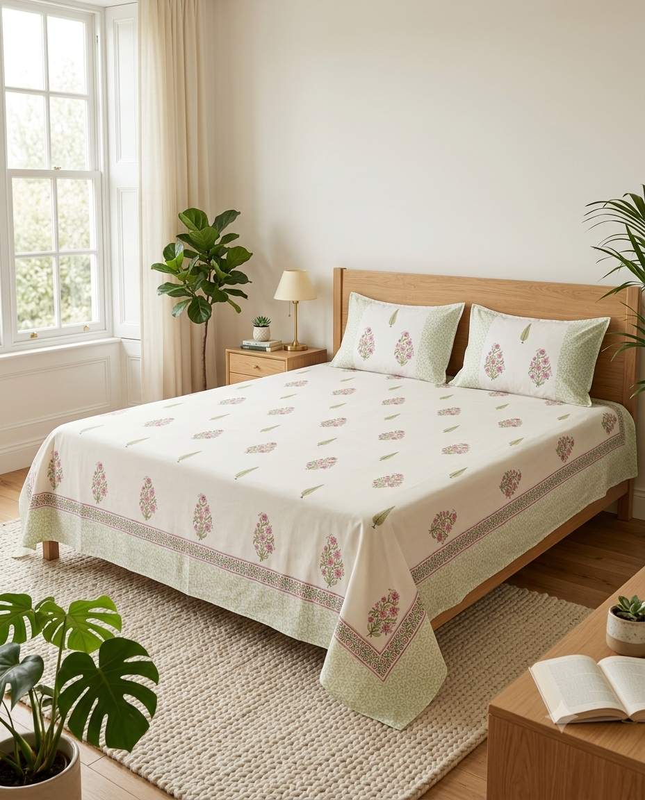 The Blush Sage Floral Meadow Premium Cotton Bedsheet