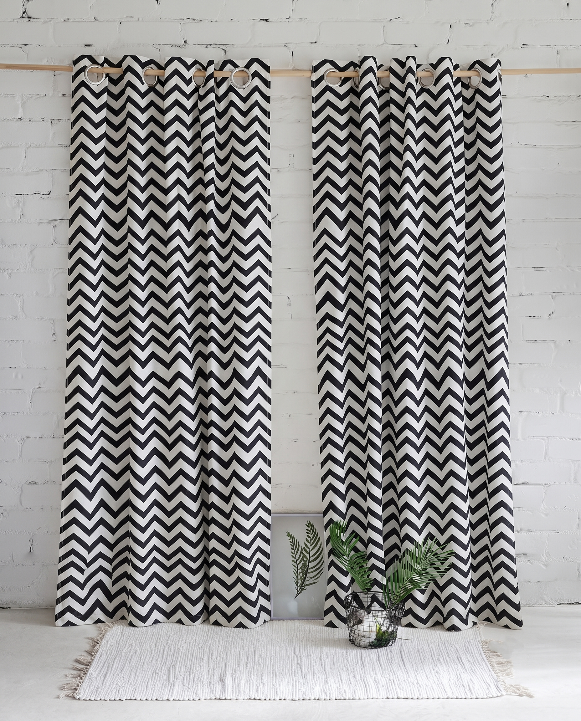 Black Zig-Zag  Hand Block Printed Curtain