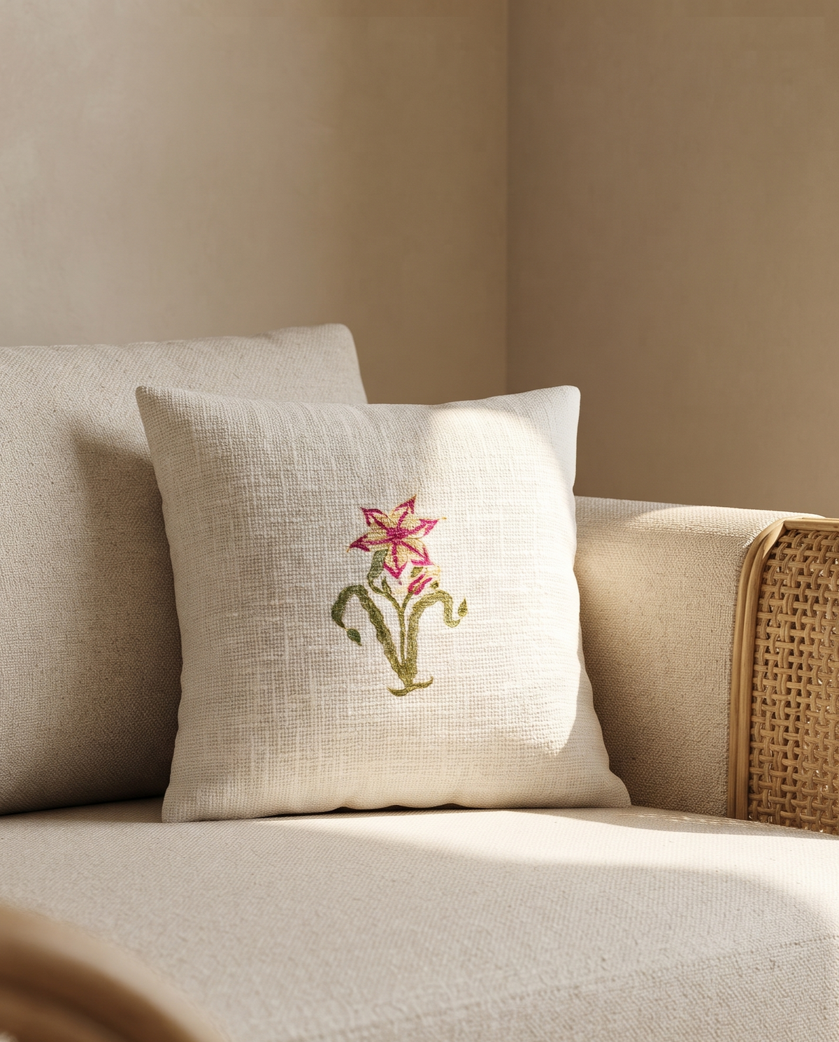 GULNAAR PINK FLORAL HAND BLOCK JUTE CUSHION COVER
