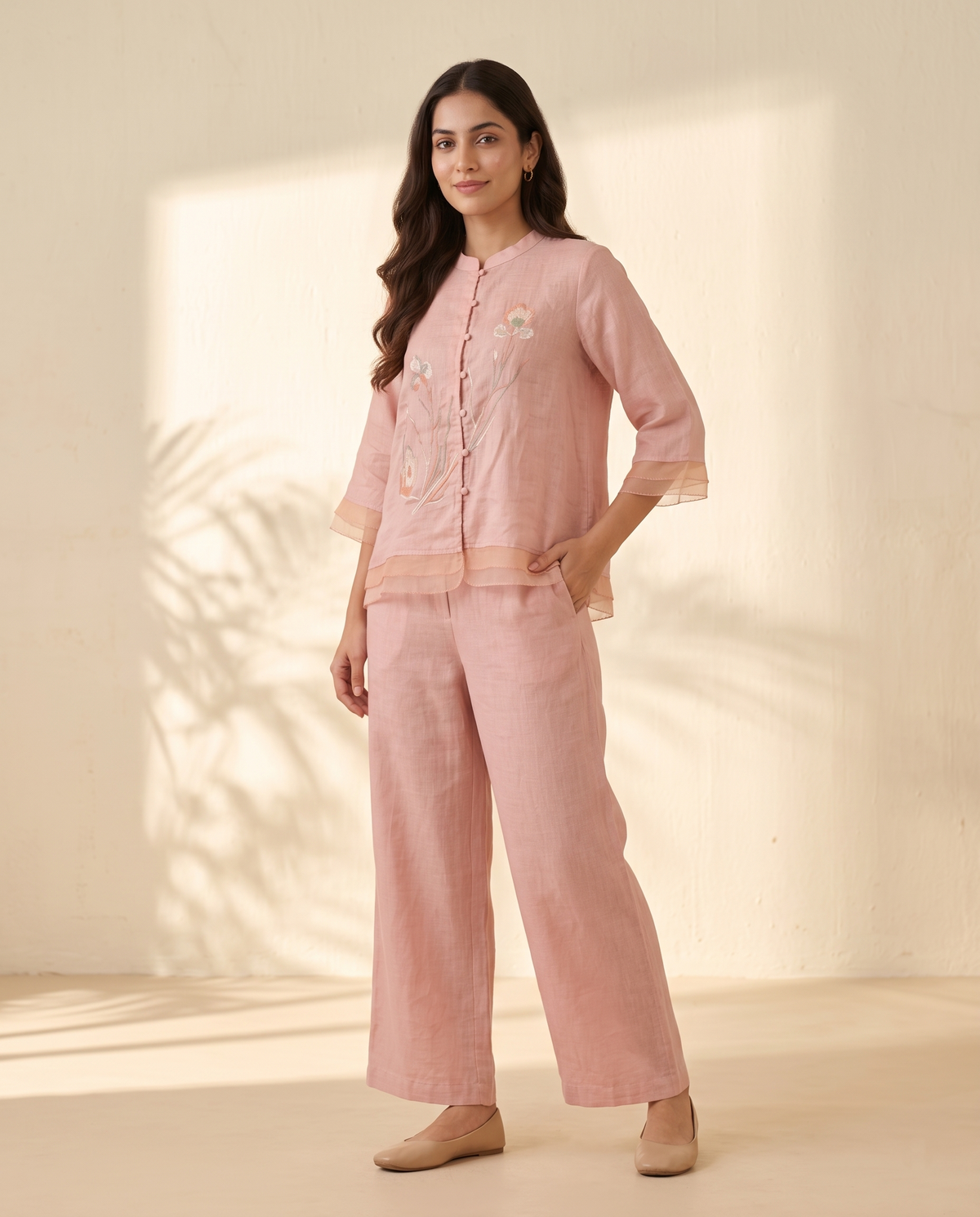 Hazel Bloom European Linen Top - Beige Nude