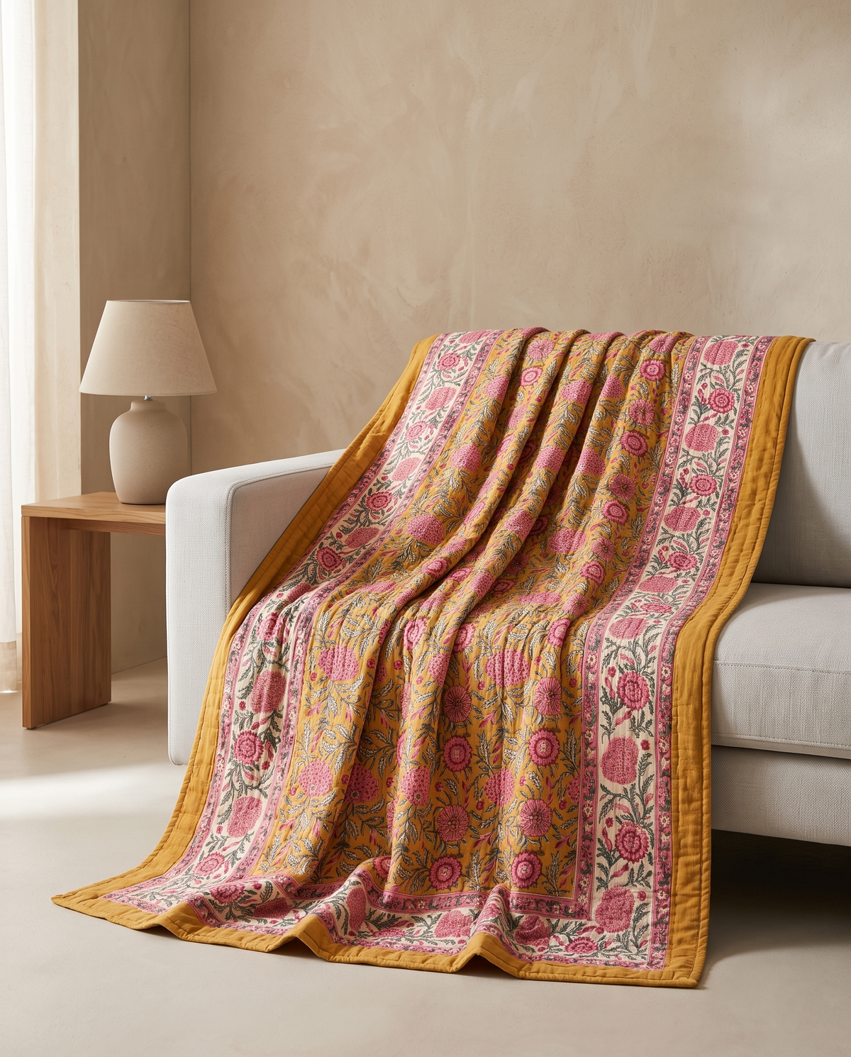 GULNAAR MUSTARD PINK HAND BLOCK REVERSIBLE QUILT