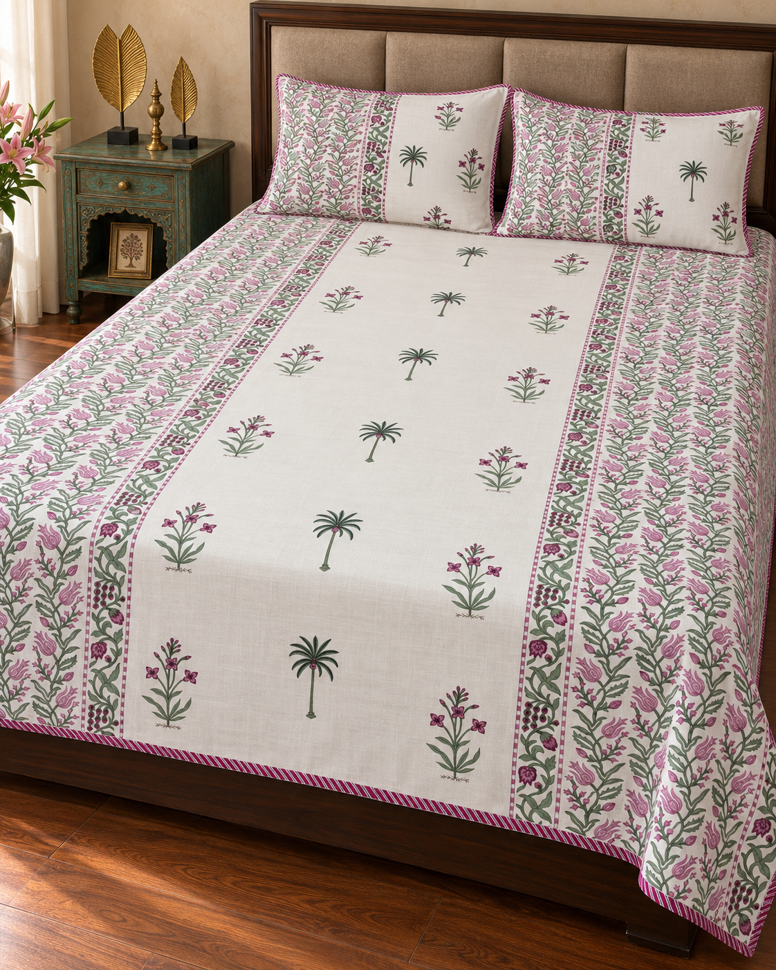 GULABI TULIP GARDEN HAND BLOCK LINEN BEDCOVER