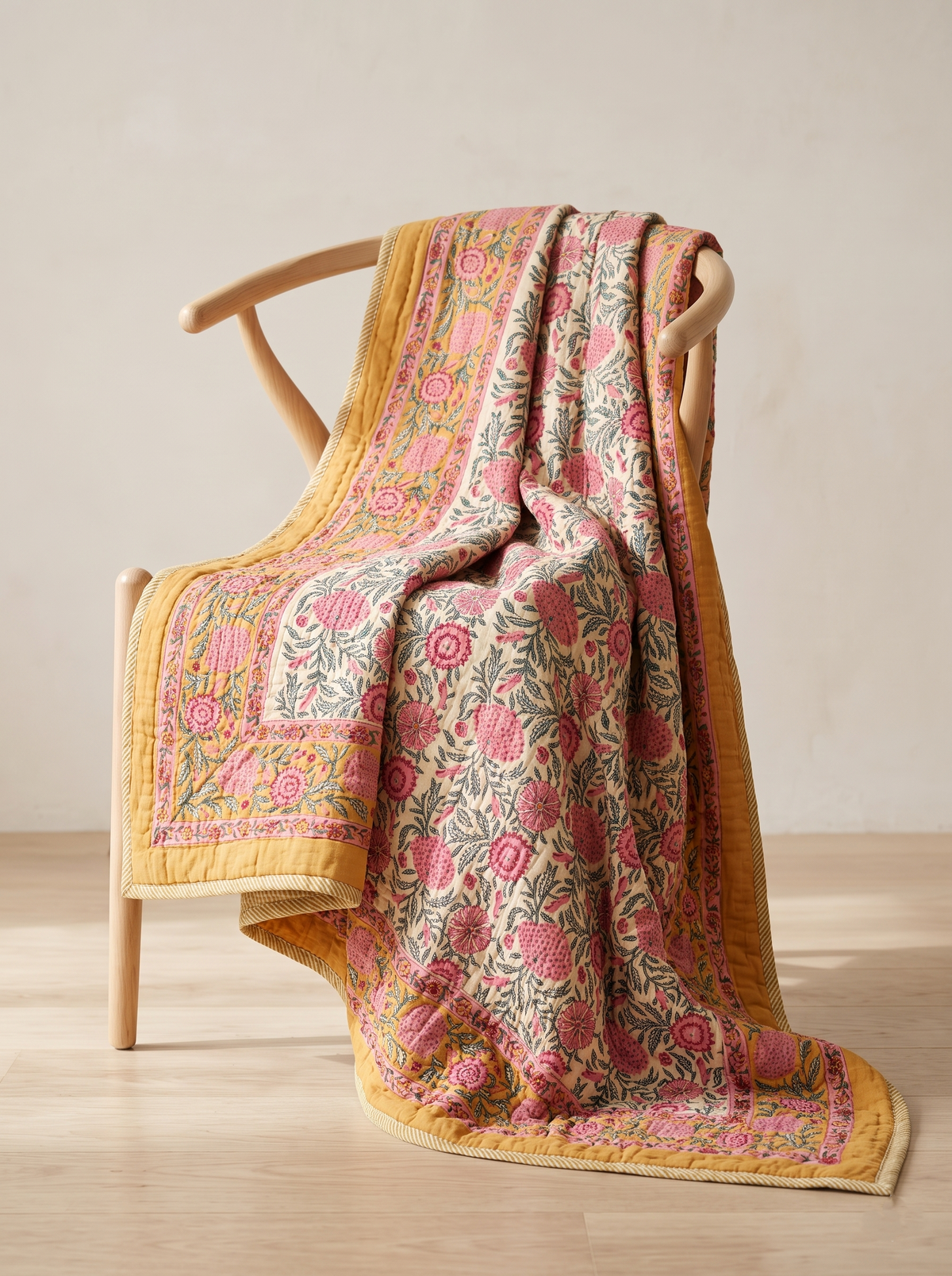 GULNAAR MUSTARD PINK HAND BLOCK REVERSIBLE QUILT