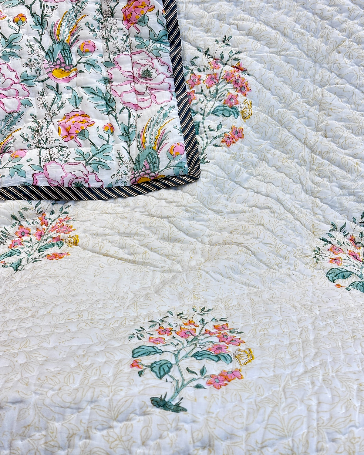 ROSABELLE IVORY FLORAL HAND BLOCK REVERSIBLE QUILT