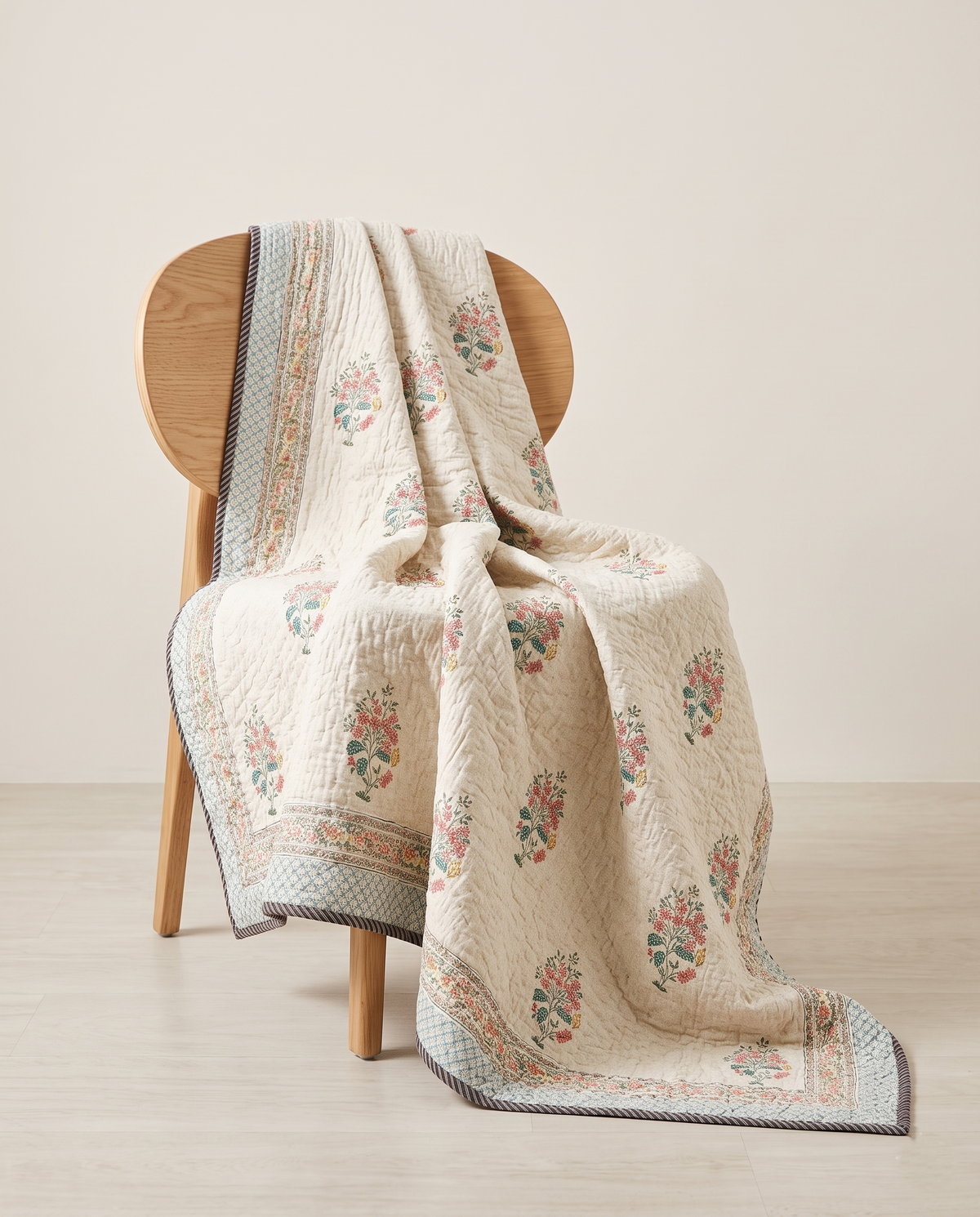 ROSABELLE IVORY FLORAL HAND BLOCK REVERSIBLE QUILT