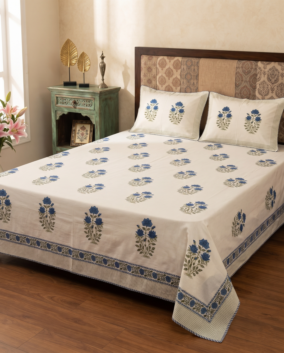 NEEL PUSHPA HAND BLOCK LINEN BEDCOVER
