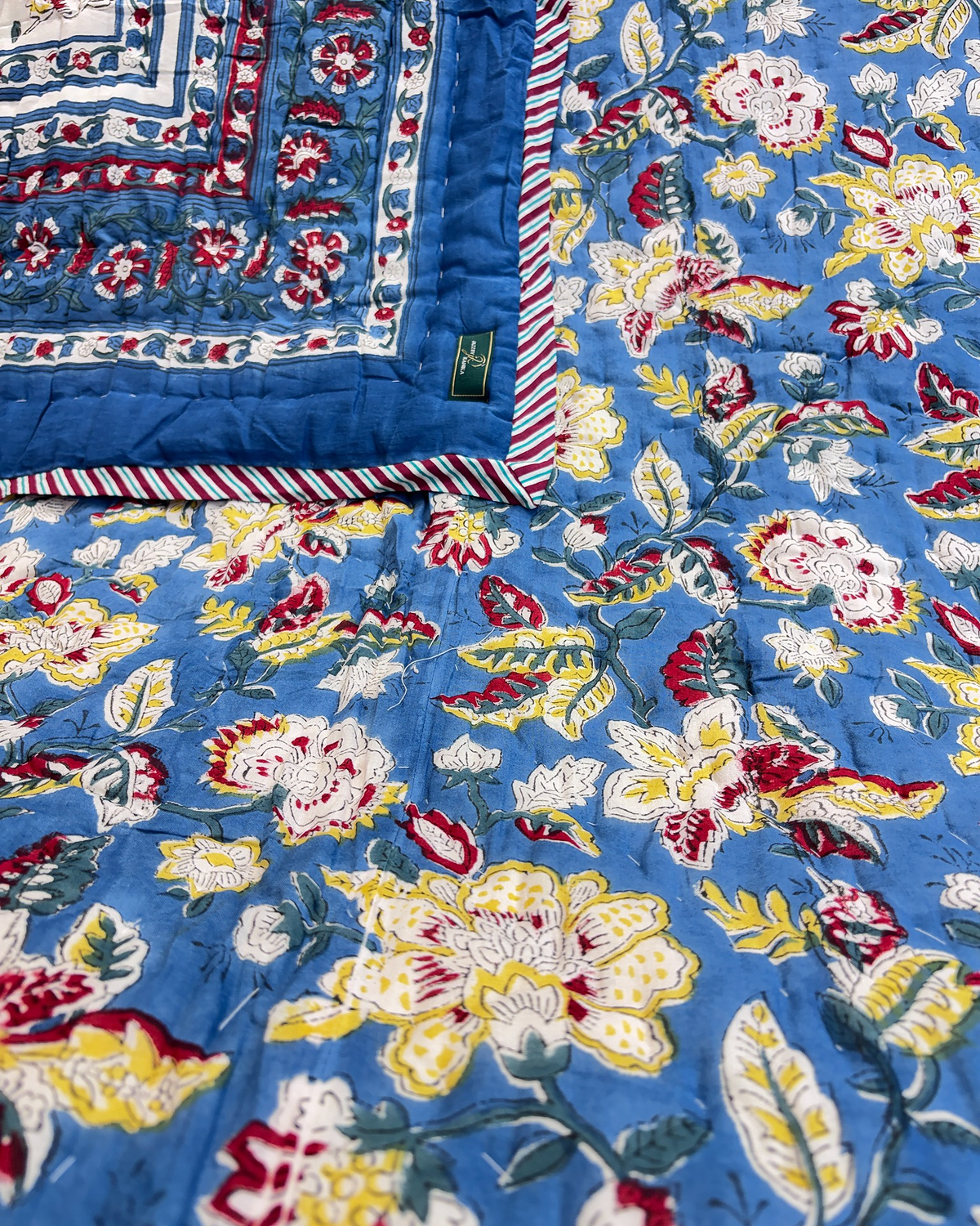 NEELRANG ROYAL BLUE FLORAL HAND BLOCK REVERSIBLE QUILT
