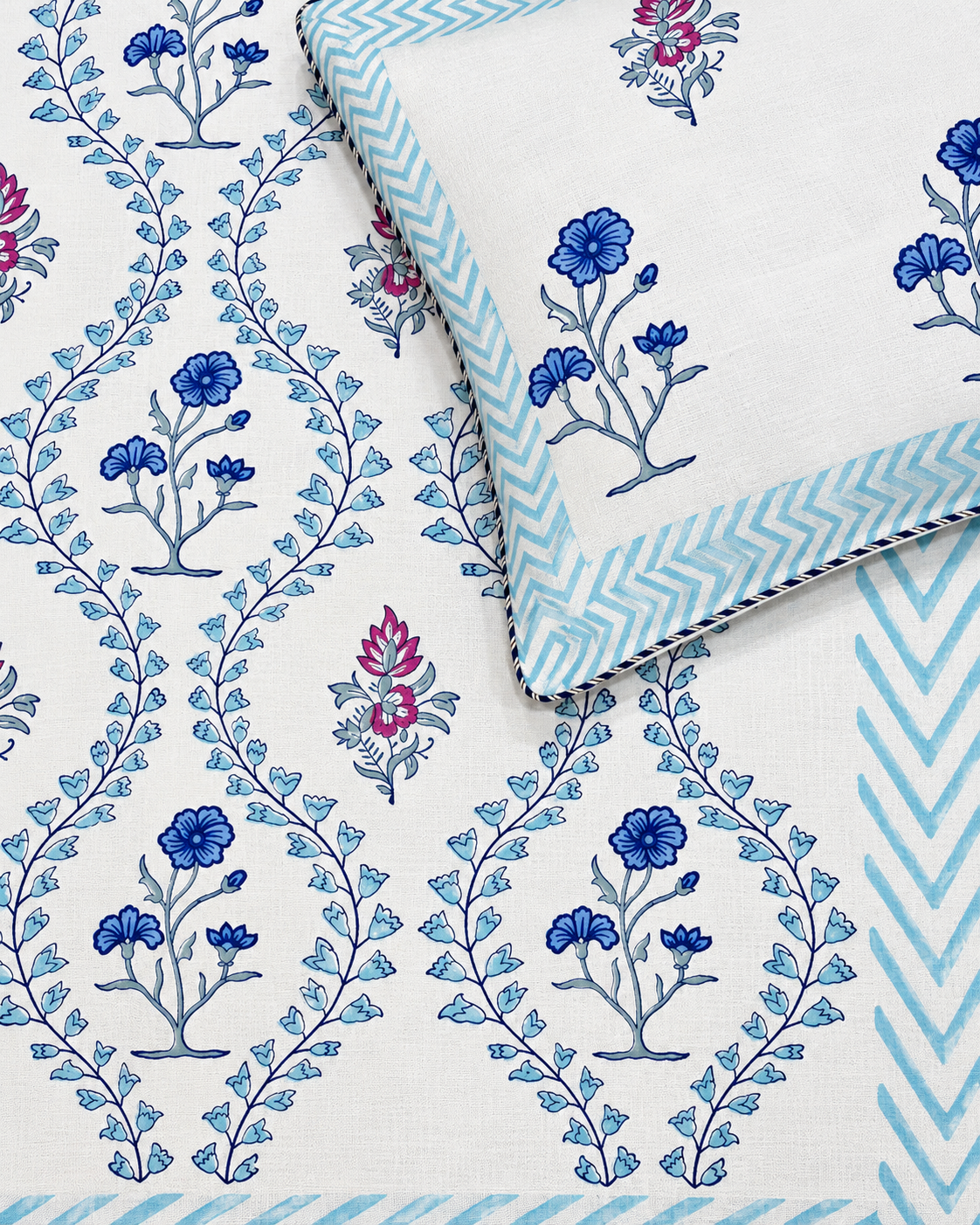 AZURE FLORAL HAND BLOCK LINEN BEDCOVER