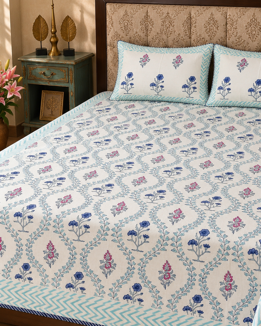 AZURE FLORAL HAND BLOCK LINEN BEDCOVER