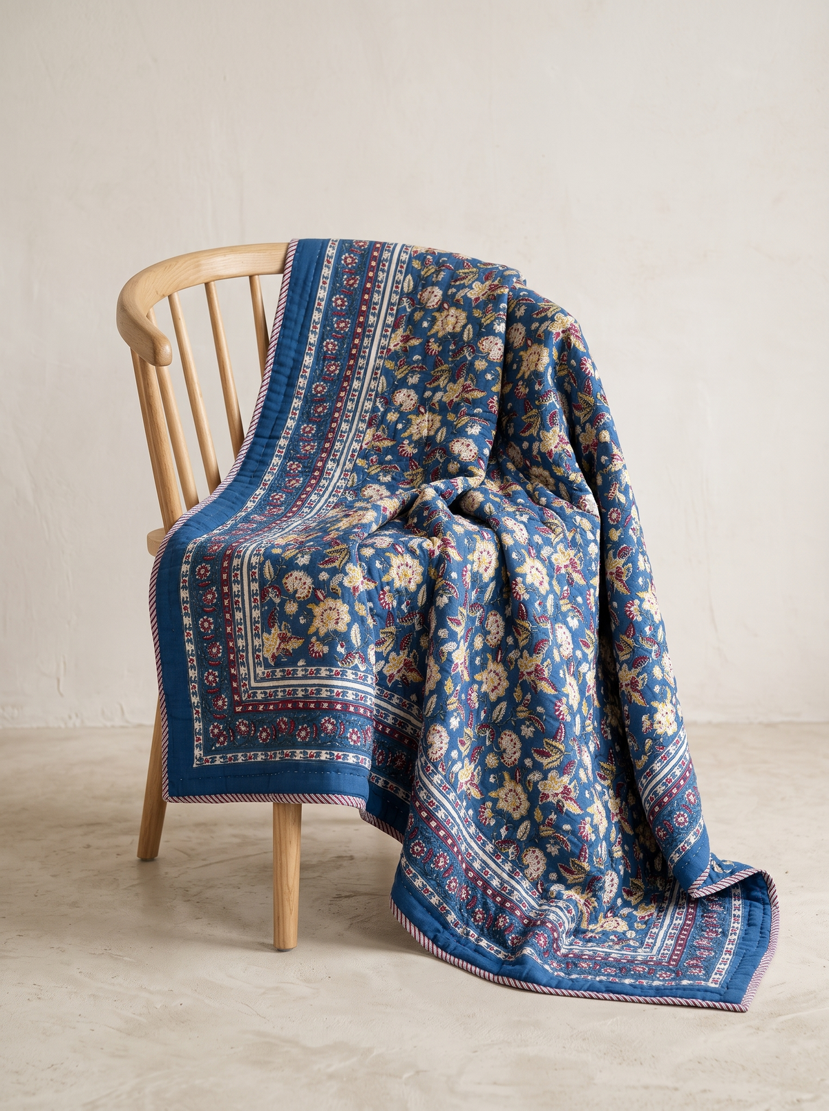 NEELRANG ROYAL BLUE FLORAL HAND BLOCK REVERSIBLE QUILT