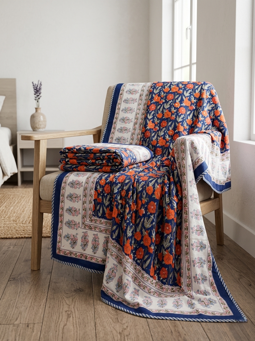 INDIGO BLOSSOM GARDEN REVERSIBLE SINGLE DOHAR PREMIUM COTTON