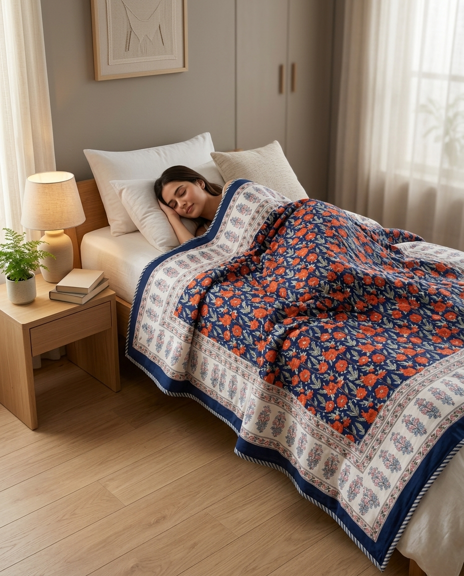 INDIGO BLOSSOM GARDEN REVERSIBLE SINGLE DOHAR PREMIUM COTTON