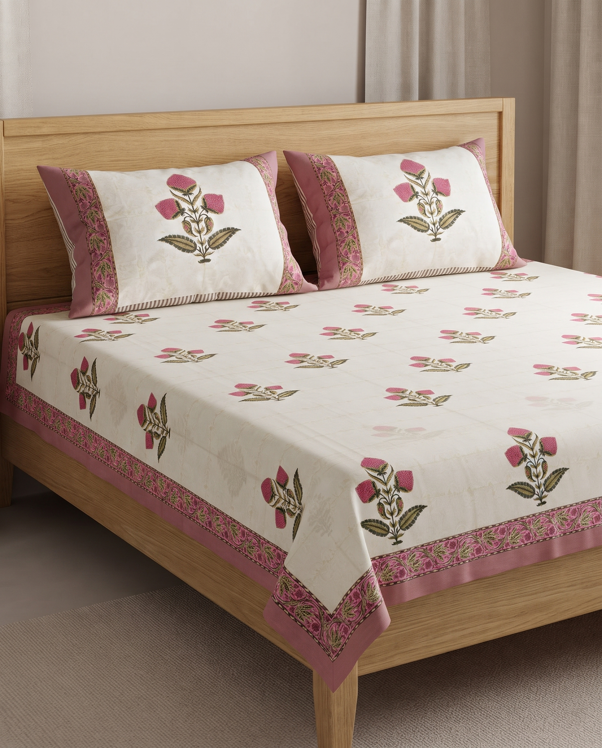 The Dusty Pink Floral Butta Premium Cotton Bedsheet