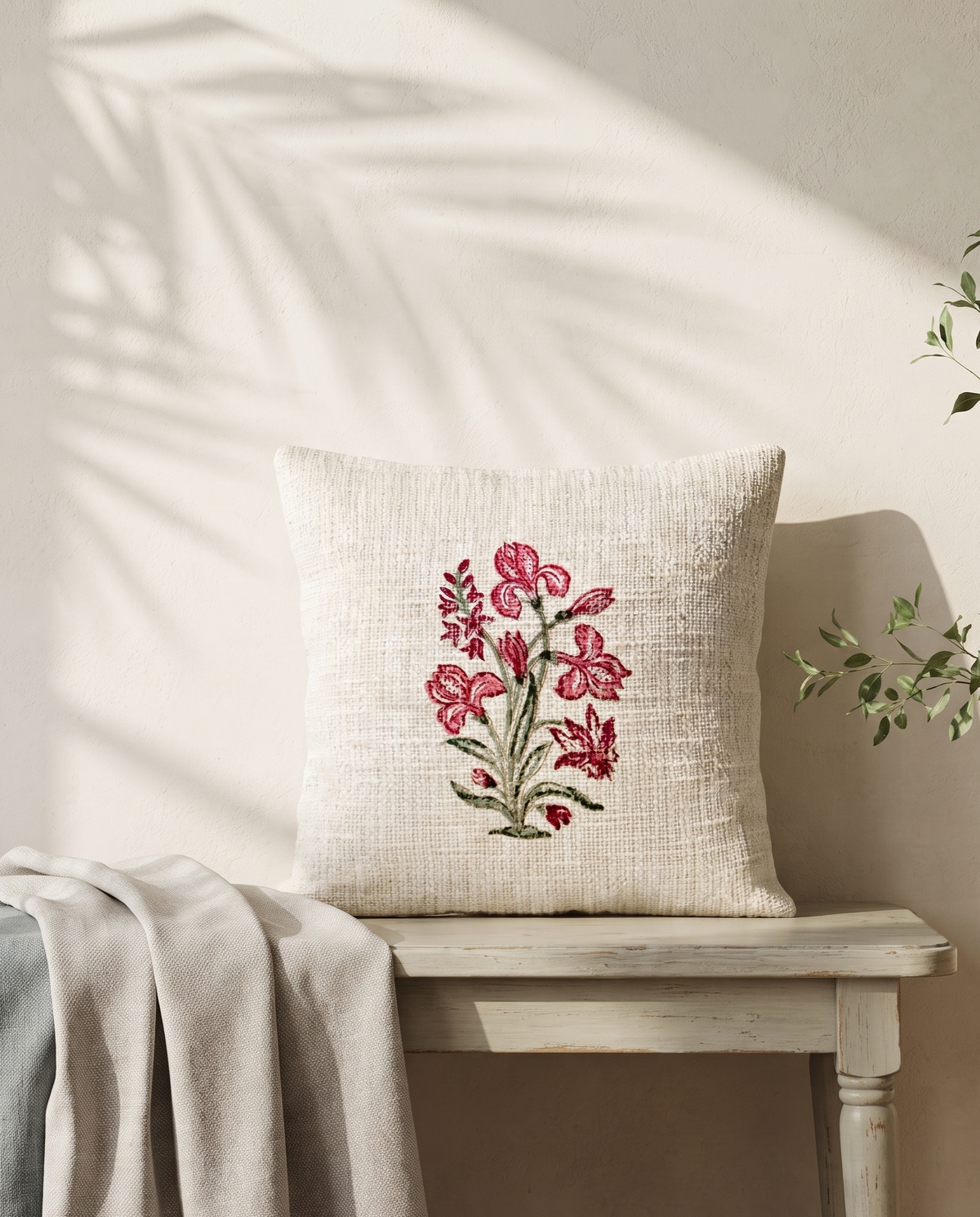 Gulmeher Ruby Floral Hand Block Jute Cushion Cover