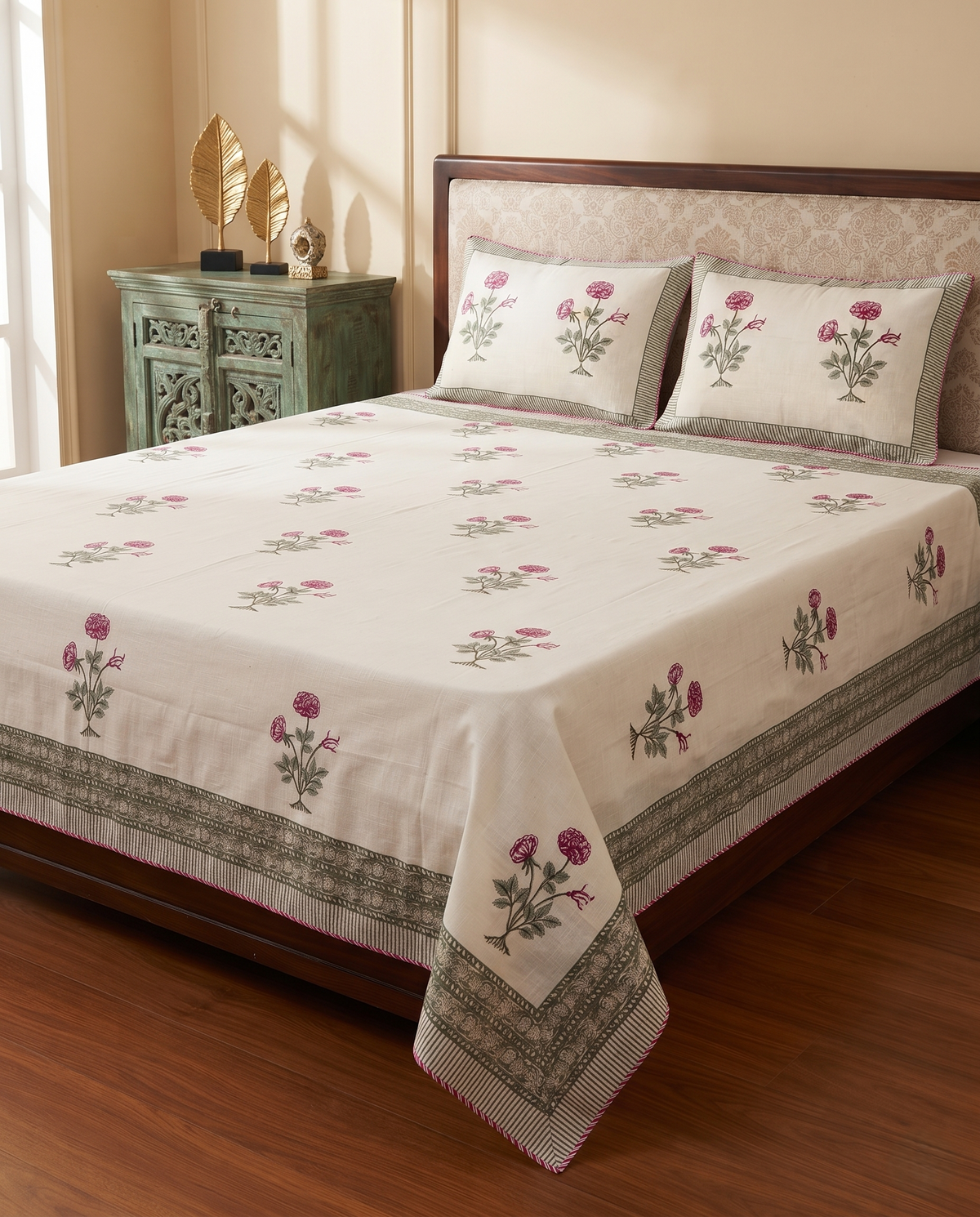 MAHROSE BLOOM HAND BLOCK LINEN BEDCOVER