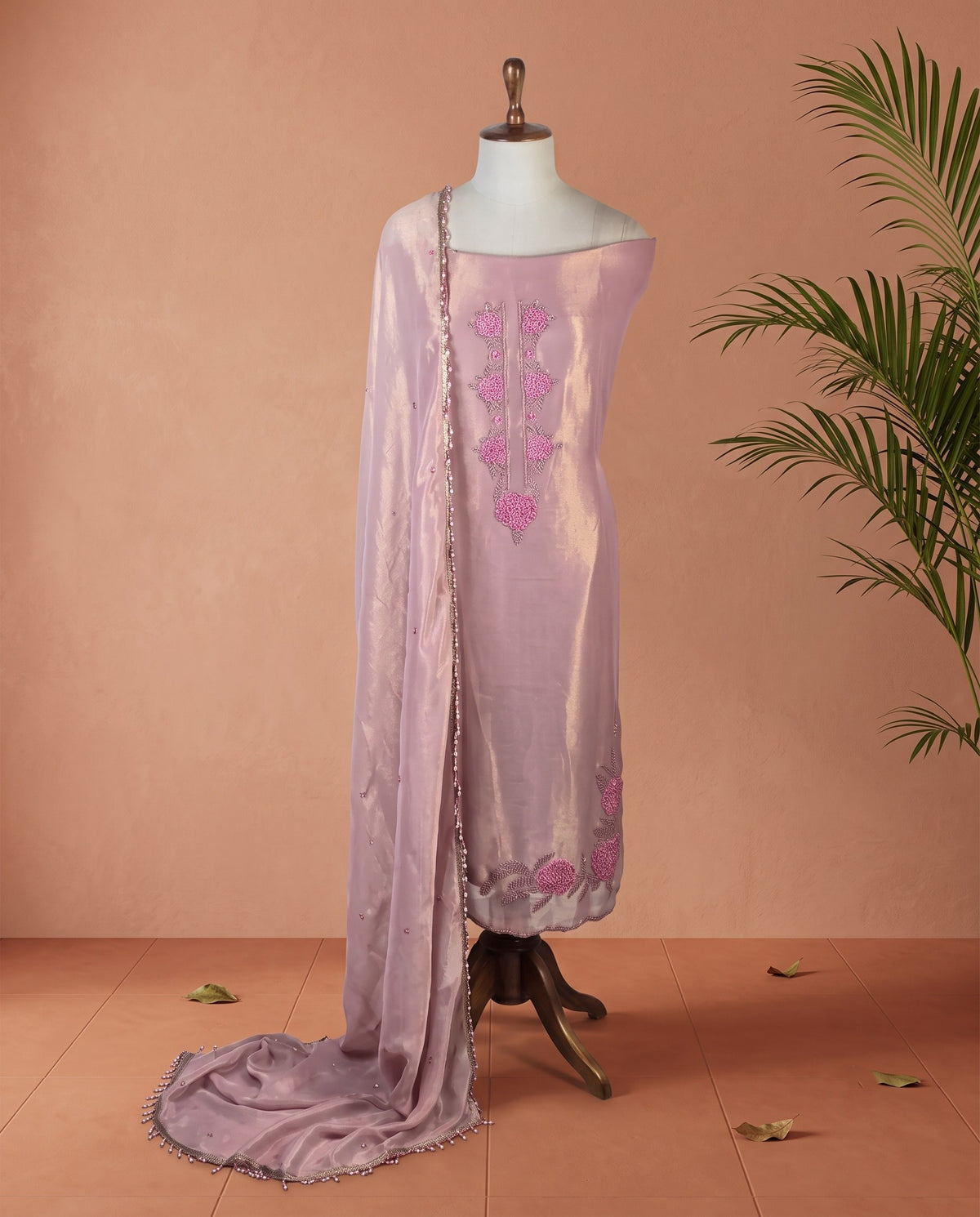 Mauve Tissue Floral Beadwork 3 PC Suit Fabric