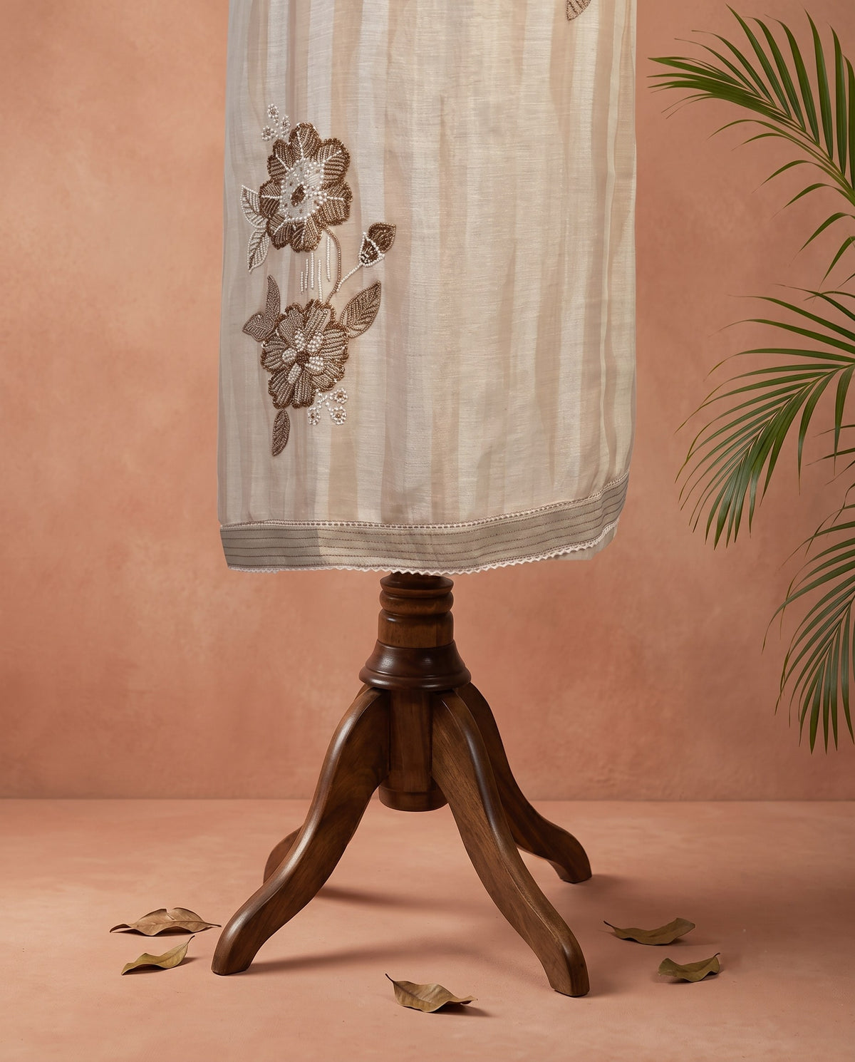 Beige Rose Applique 3 PC Suit Fabric with Jaal Dupatta
