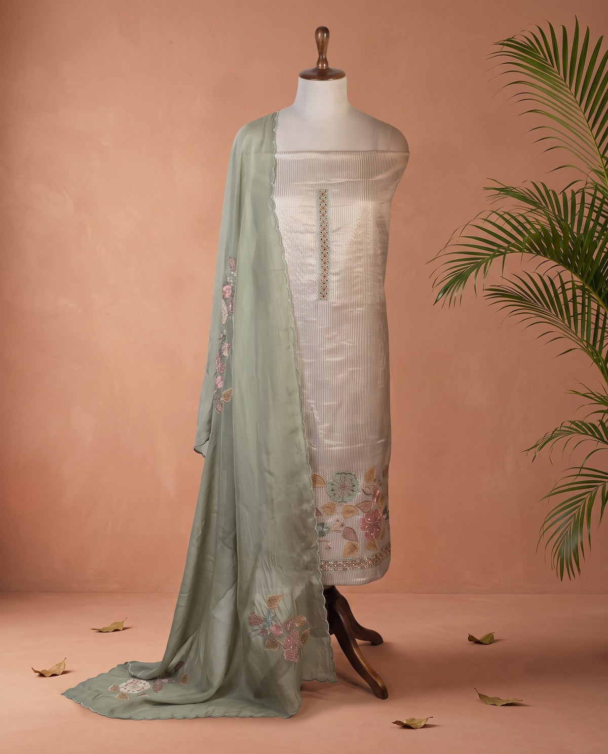 Ivory Sage Floral Applique 3 PC Suit Fabric