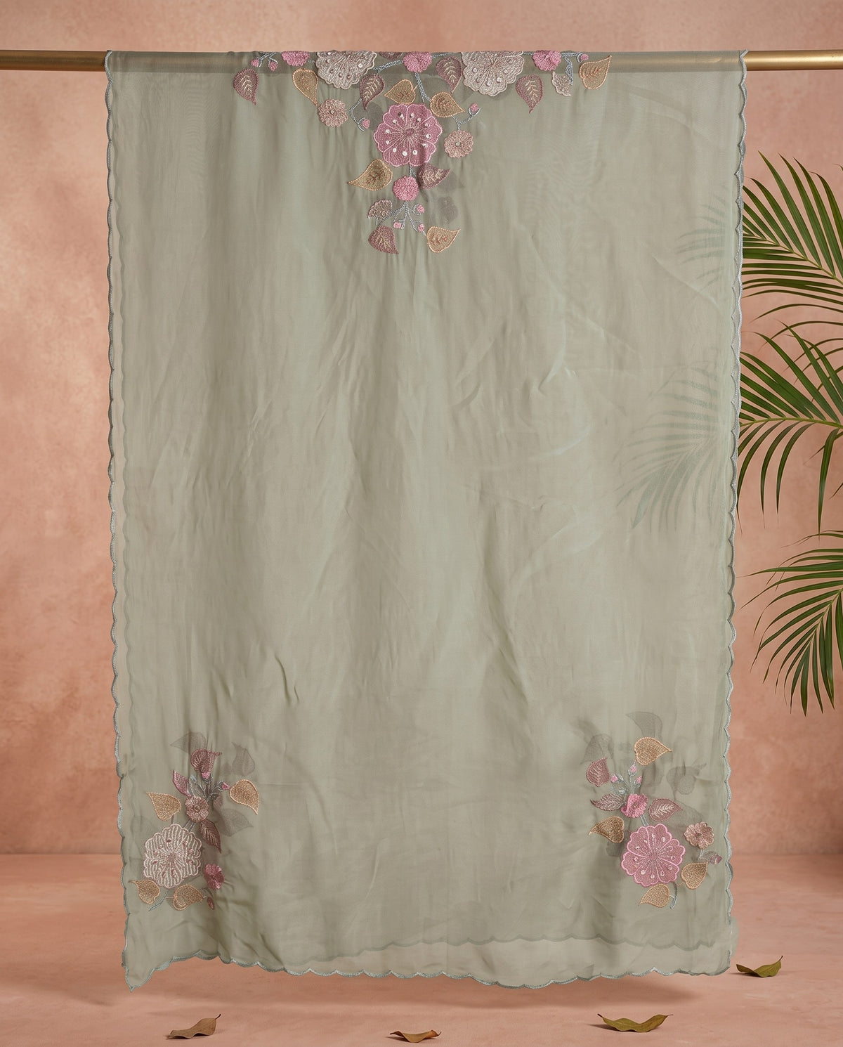 Ivory Sage Floral Applique 3 PC Suit Fabric