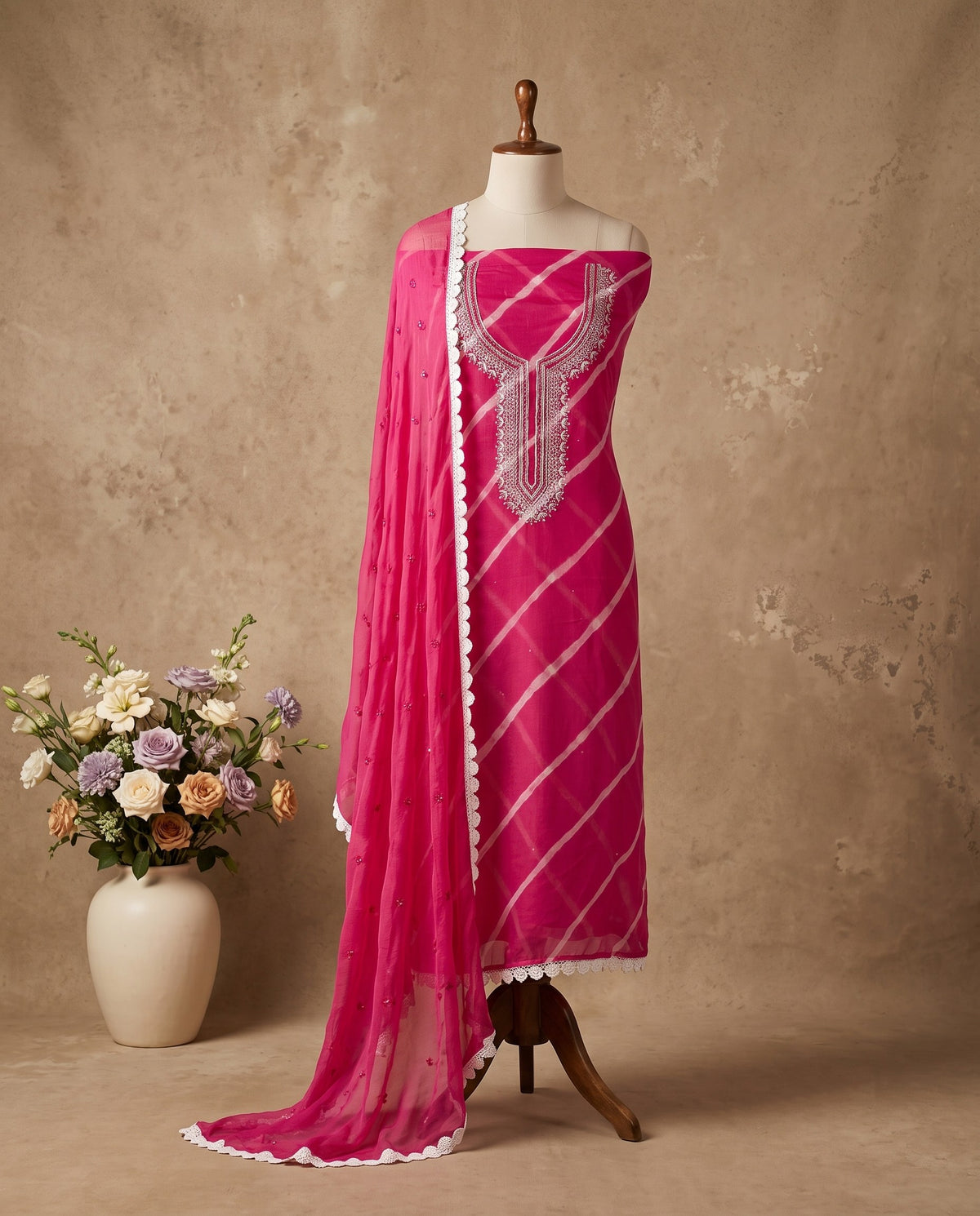 Rani Pink Leheriya Embroidered 3 PC Suit Fabric