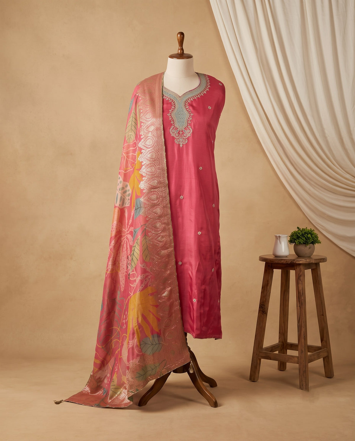 Rose Pink Embroidered Yoke 3 PC Suit Fabric with Banarasi Dupatta