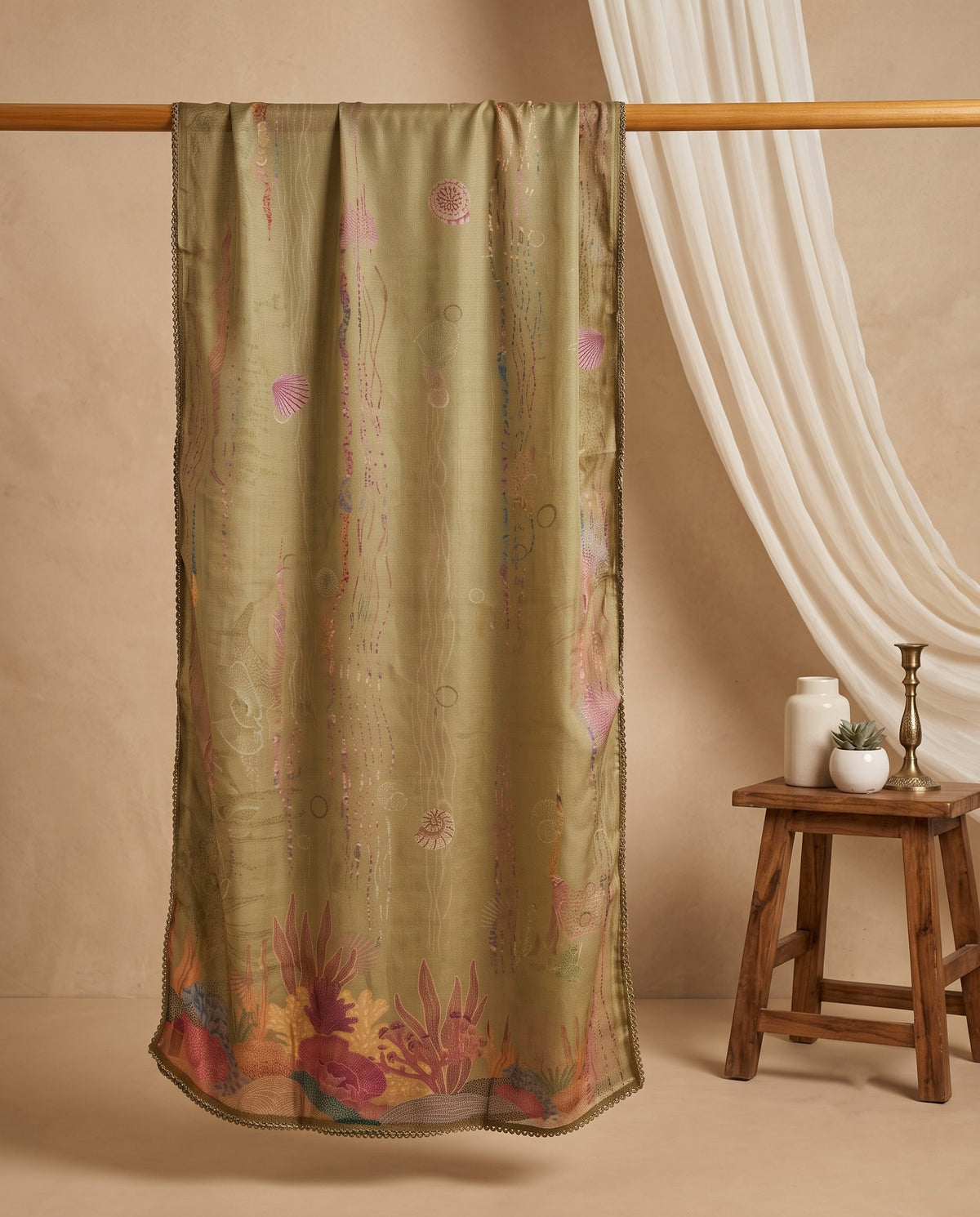 Olive Coral Reef Print 3 PC Suit Fabric