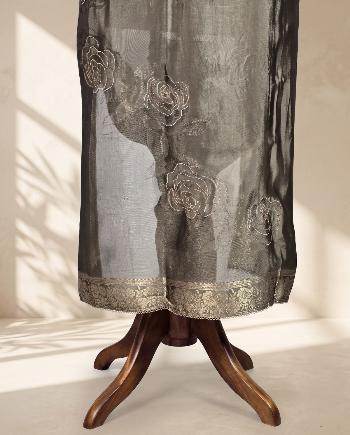 Smoke Grey Tissue Rose Embroidered 3 PC Suit Fabric