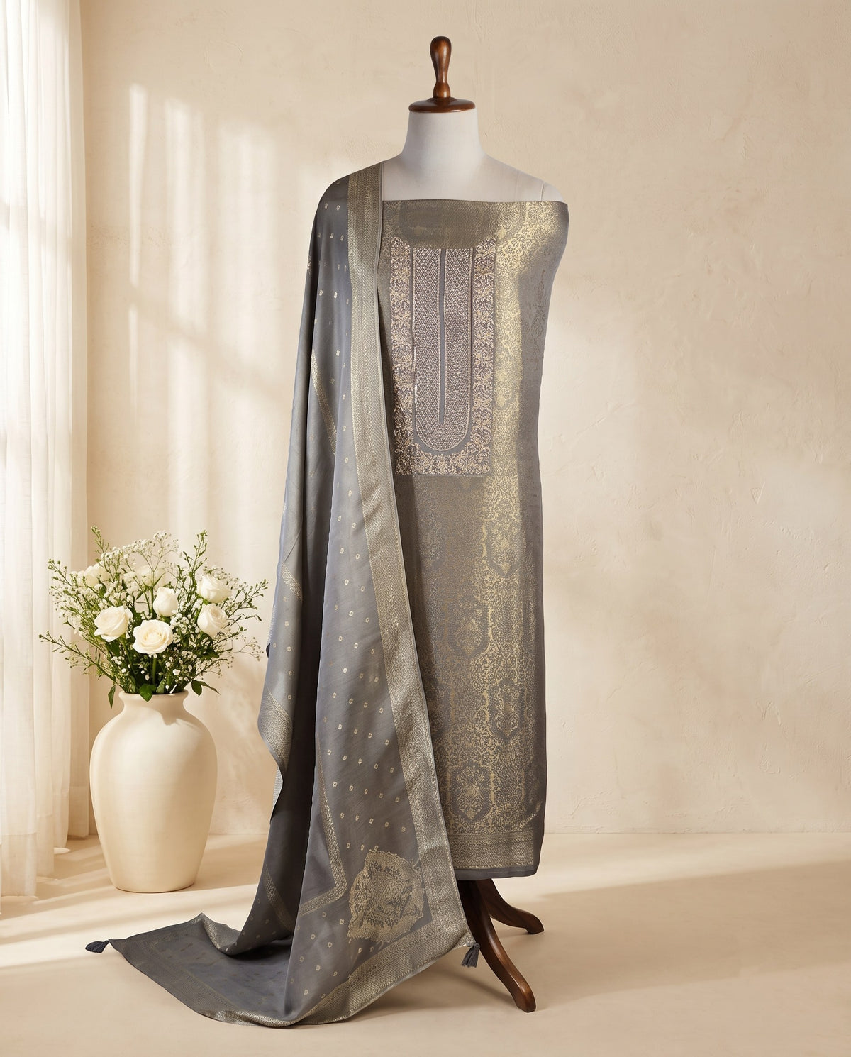 Steel Grey Banarasi Zari Jaal 3 PC Suit Fabric