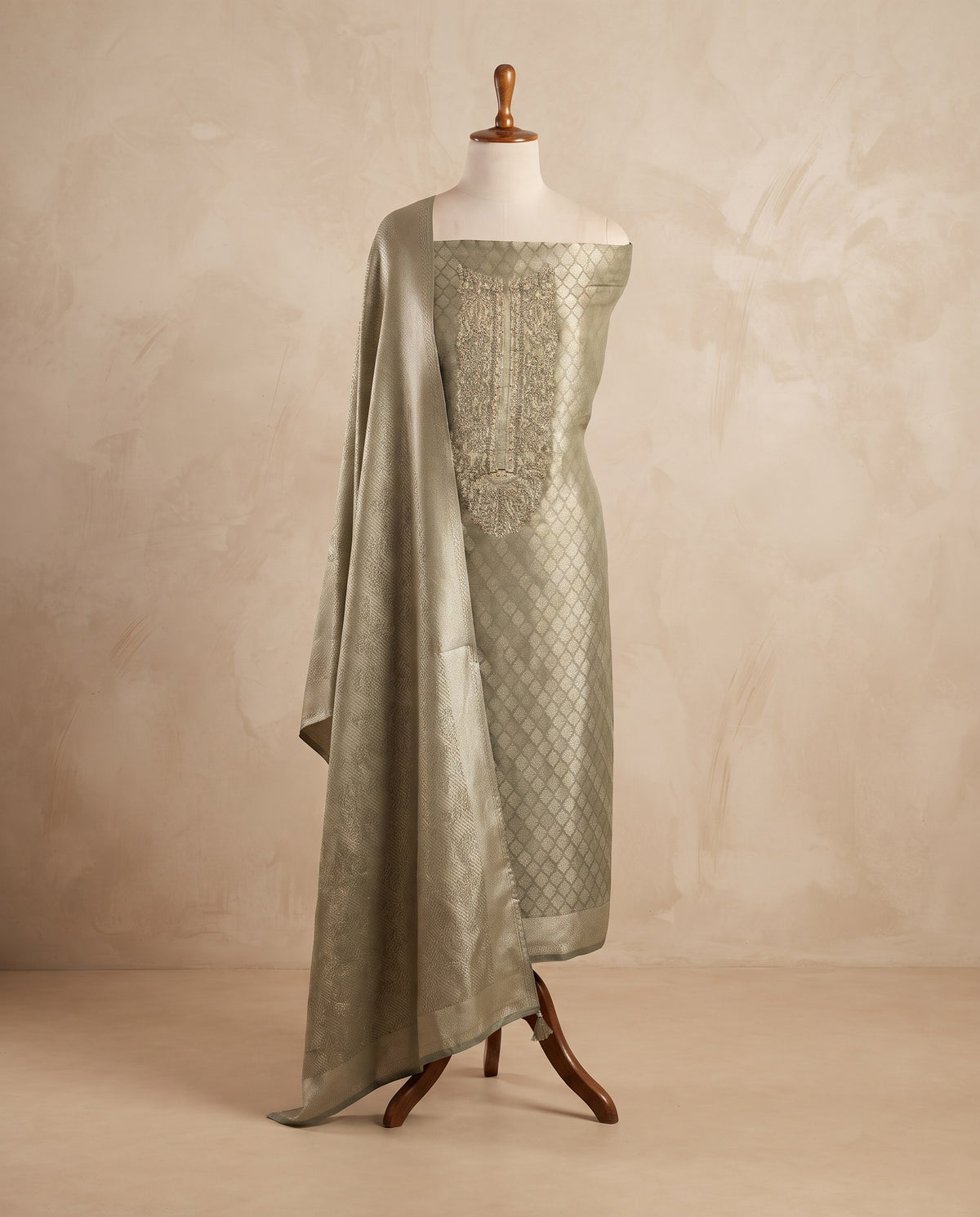 Sage Silver Diamond Jaal Banarasi 3 PC Suit Fabric