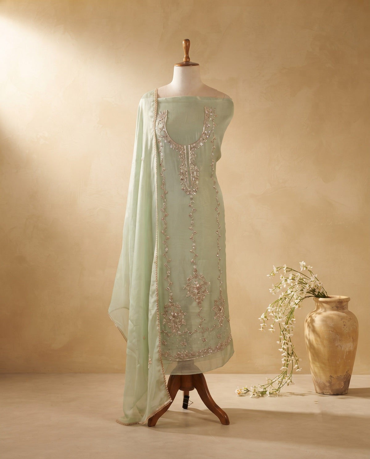 Mint Pearl Zari Embroidered 3 PC Suit Fabric
